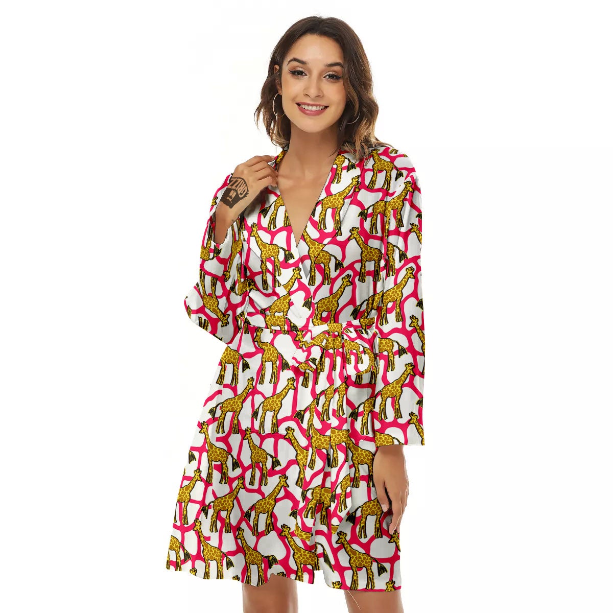 Giraffe Yellow And Pink Print Pattern Women's Robe-grizzshop