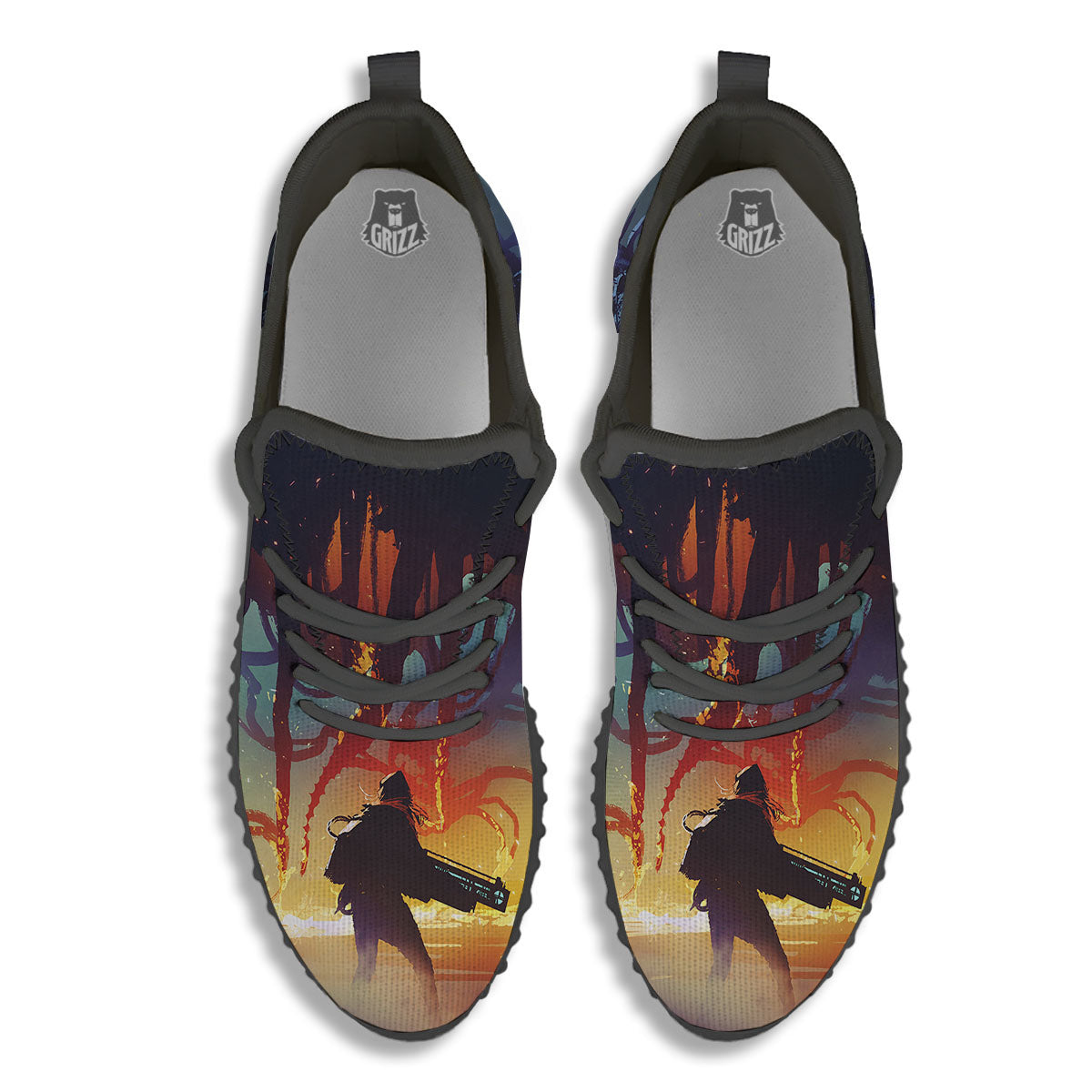 Girl Fight With Alien Octopus Monster Print Black Walking Shoes-grizzshop