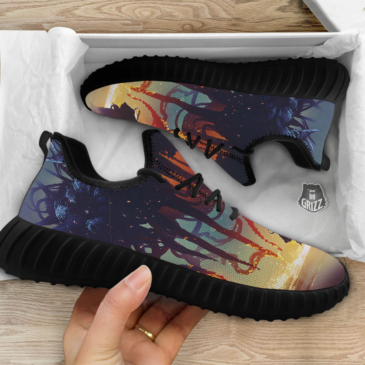 Girl Fight With Alien Octopus Monster Print Black Walking Shoes-grizzshop