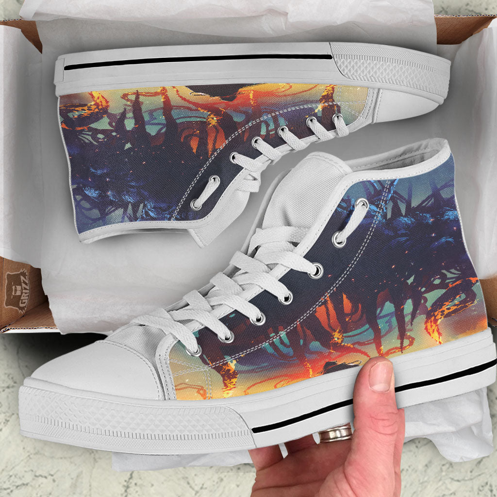 Girl Fight With Alien Octopus Monster Print White High Top Shoes-grizzshop
