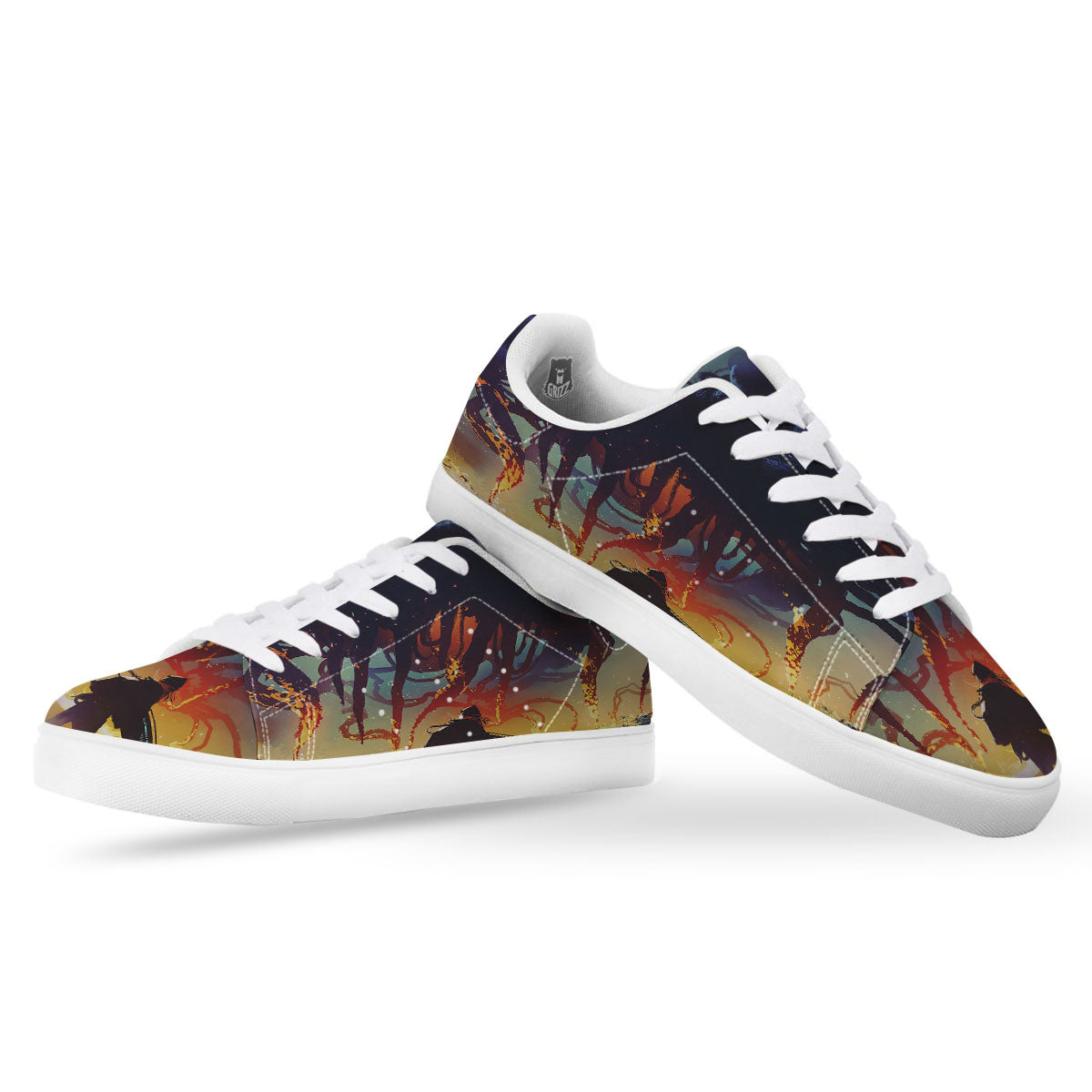 Girl Fight With Alien Octopus Monster Print White Low Top Sneakers-grizzshop