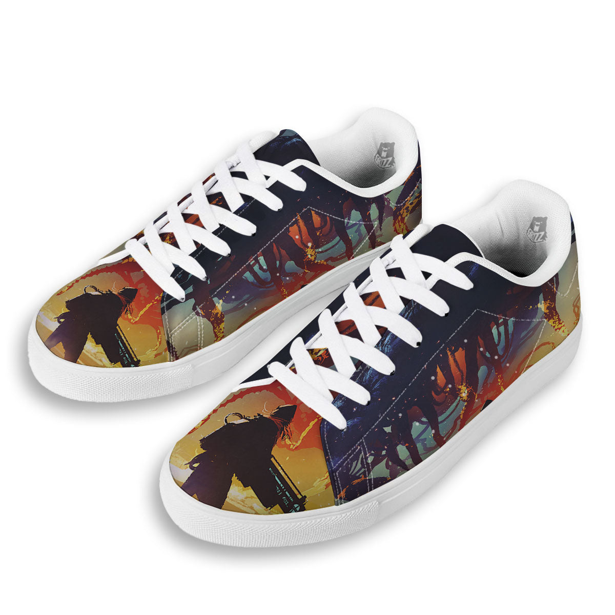 Girl Fight With Alien Octopus Monster Print White Low Top Sneakers-grizzshop