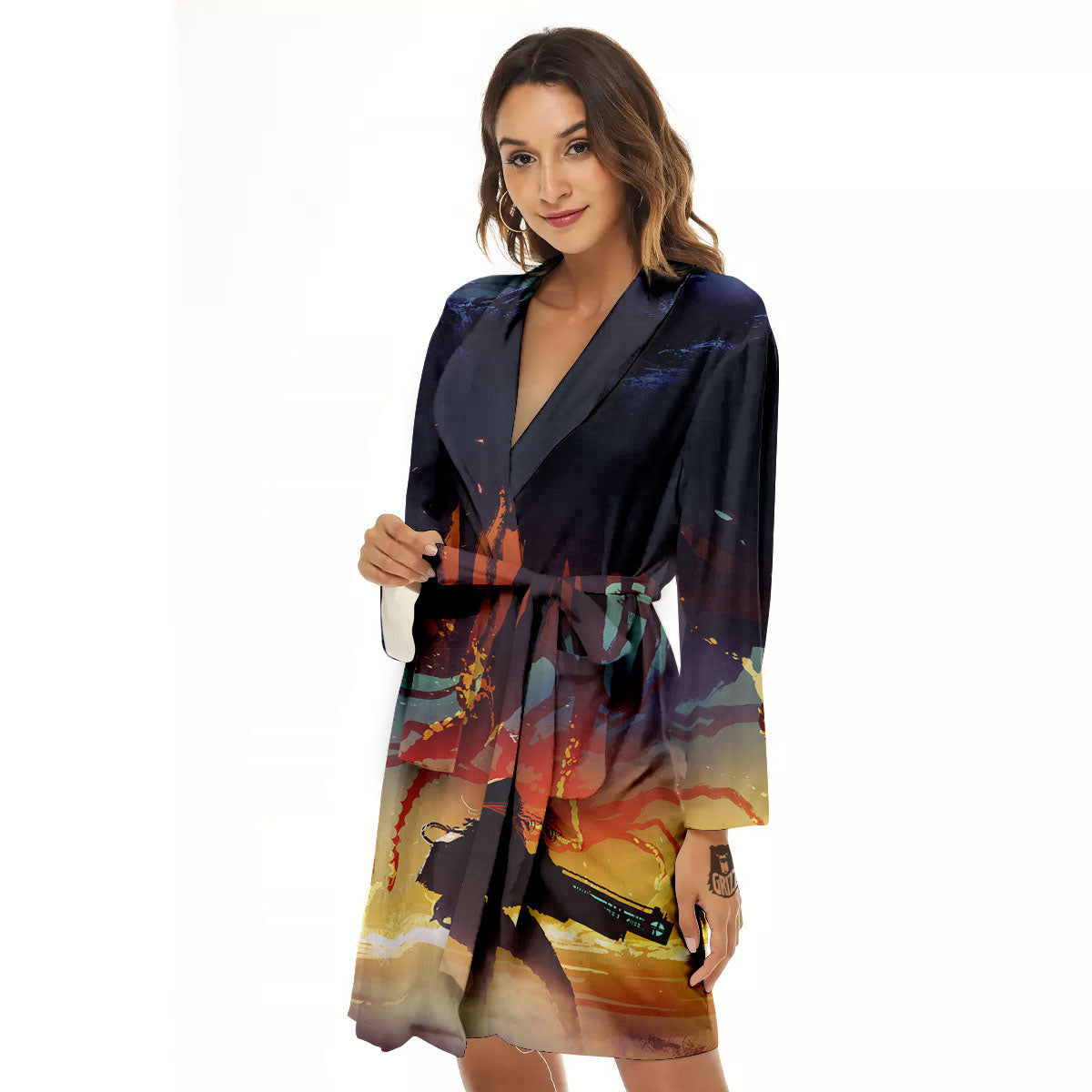 Girl Fight With Alien Octopus Monster Print Women's Robe-grizzshop