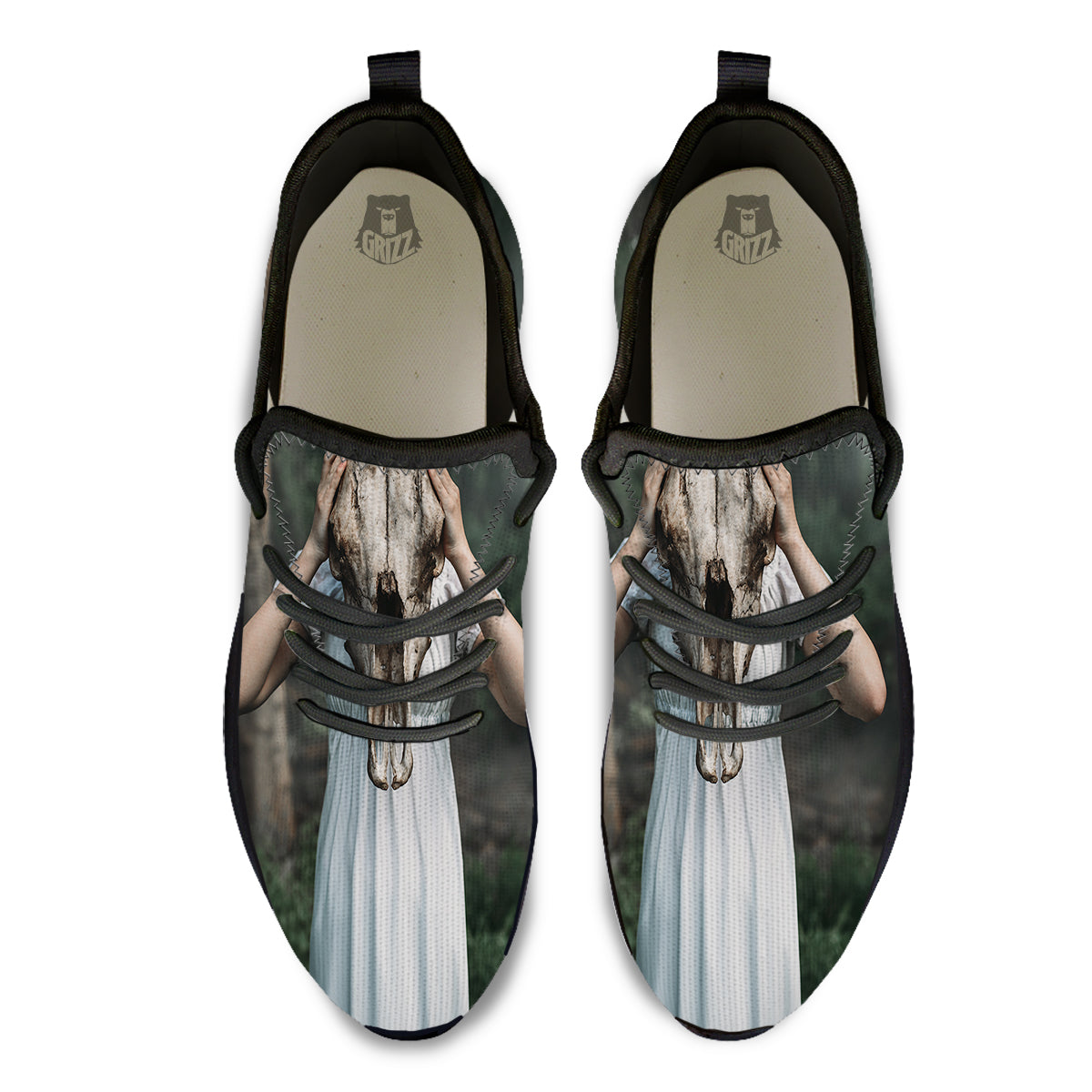 Girl With Animal Skull Print Black Athletic Shoes-grizzshop