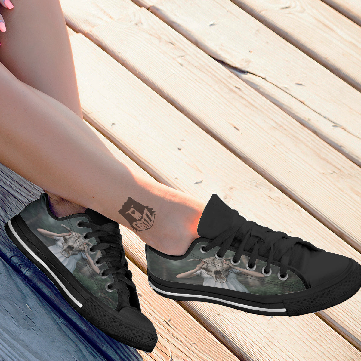 Girl With Animal Skull Print Black Low Top Shoes-grizzshop