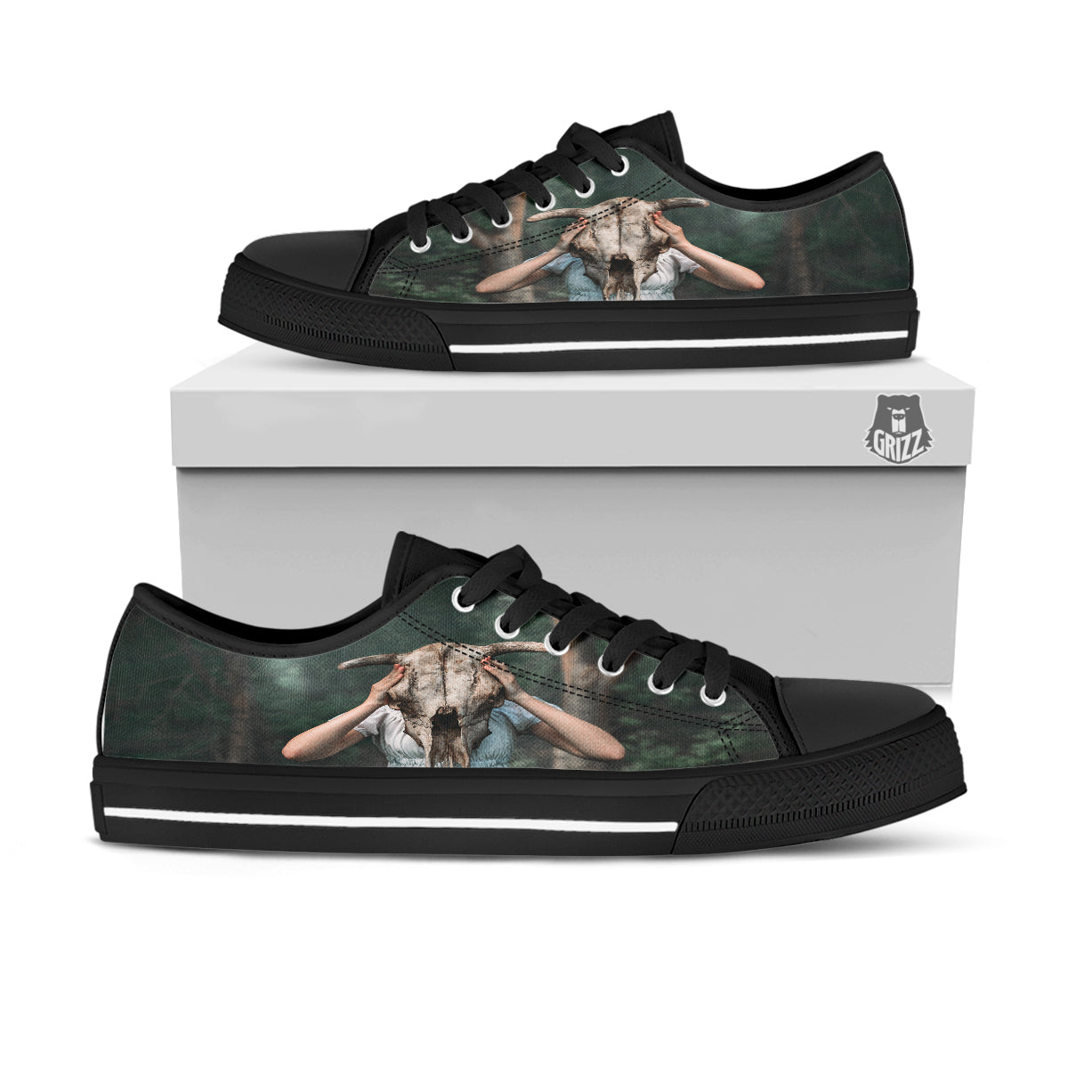 Girl With Animal Skull Print Black Low Top Shoes-grizzshop