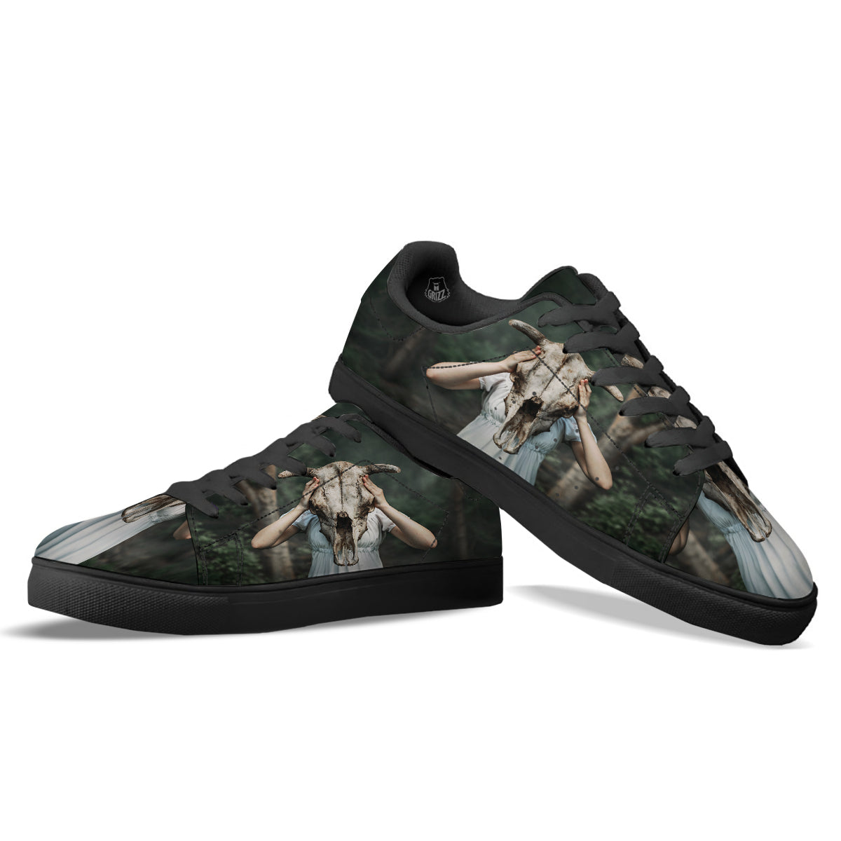Girl With Animal Skull Print Black Low Top Sneakers-grizzshop