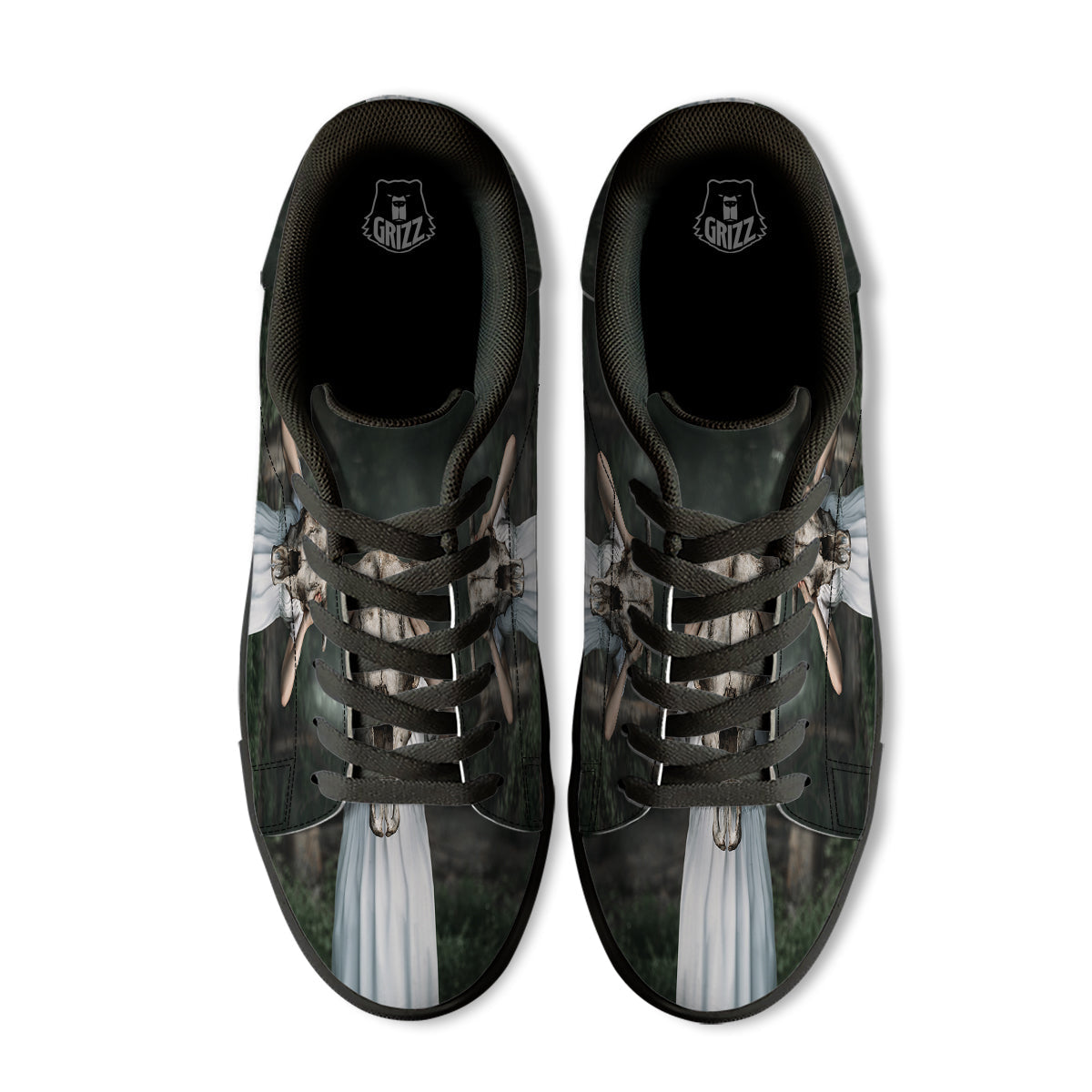 Girl With Animal Skull Print Black Low Top Sneakers-grizzshop