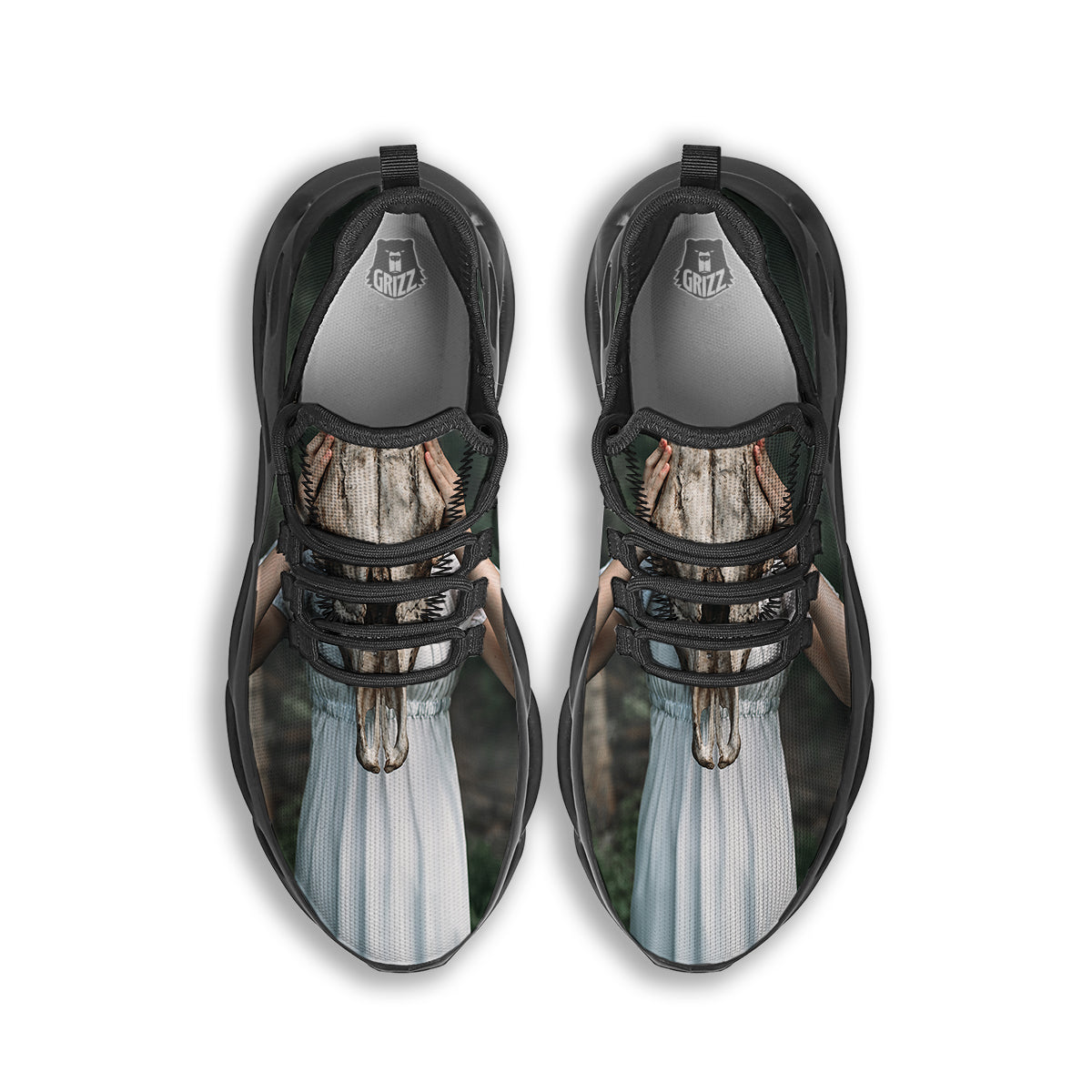 Girl With Animal Skull Print Black Running Shoes-grizzshop