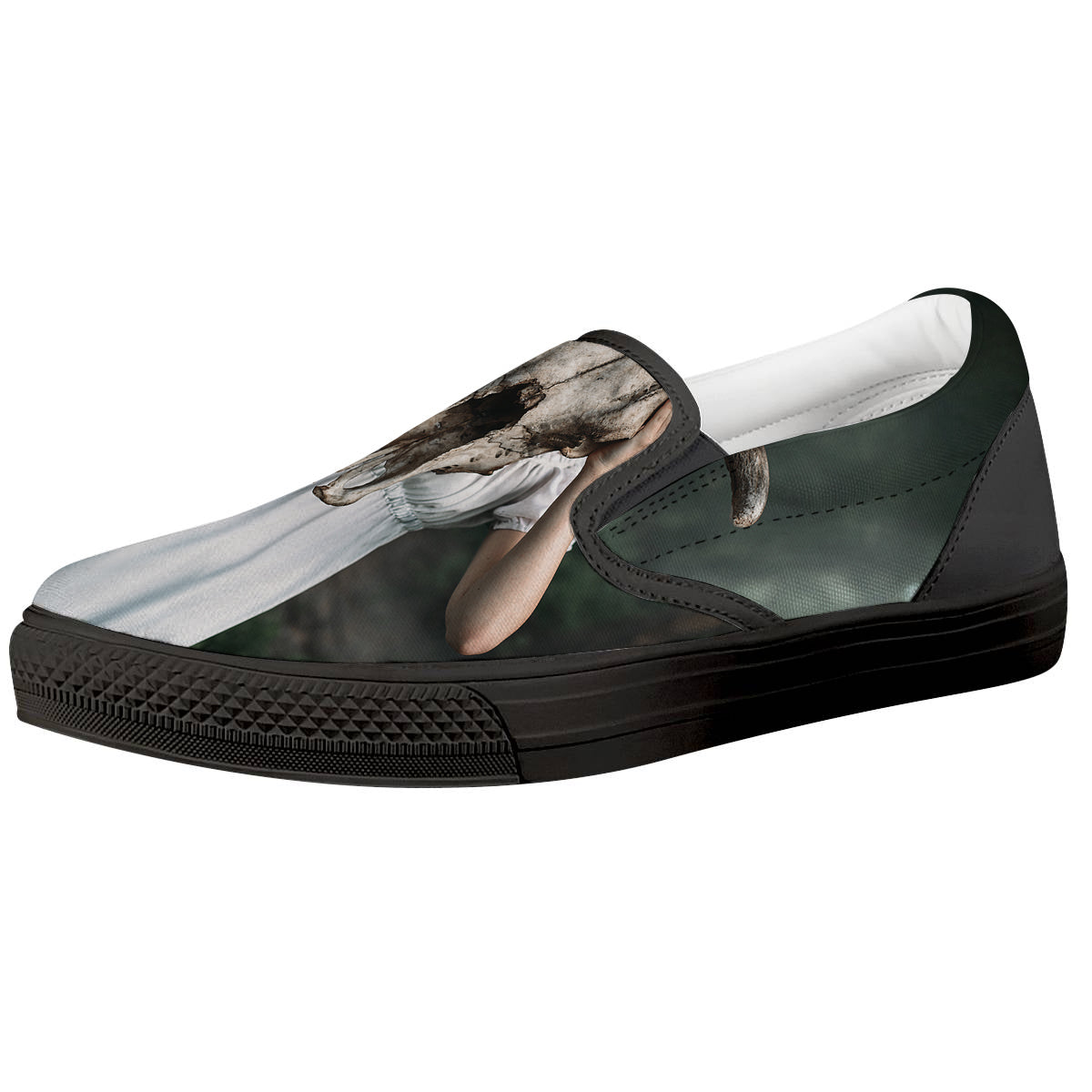 Girl With Animal Skull Print Black Slip On Shoes-grizzshop