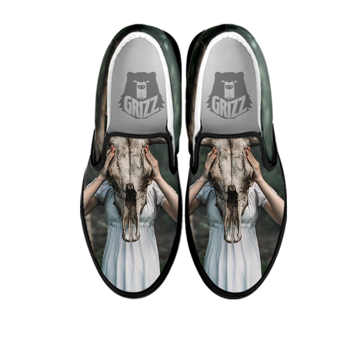 Girl With Animal Skull Print Black Slip On Shoes-grizzshop