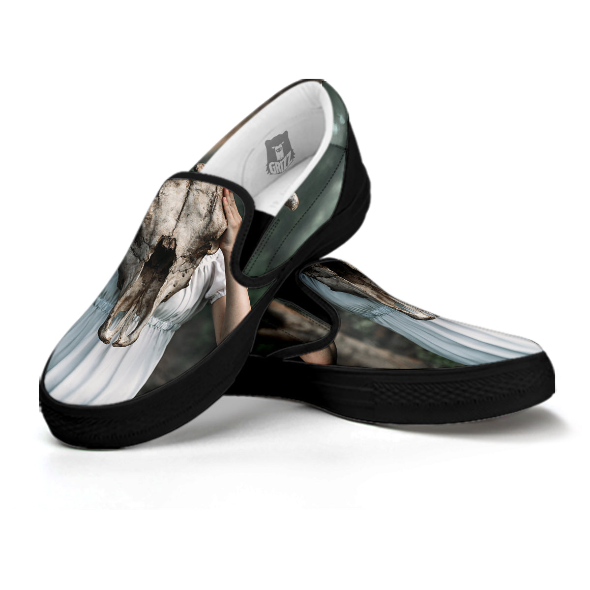 Girl With Animal Skull Print Black Slip On Shoes-grizzshop