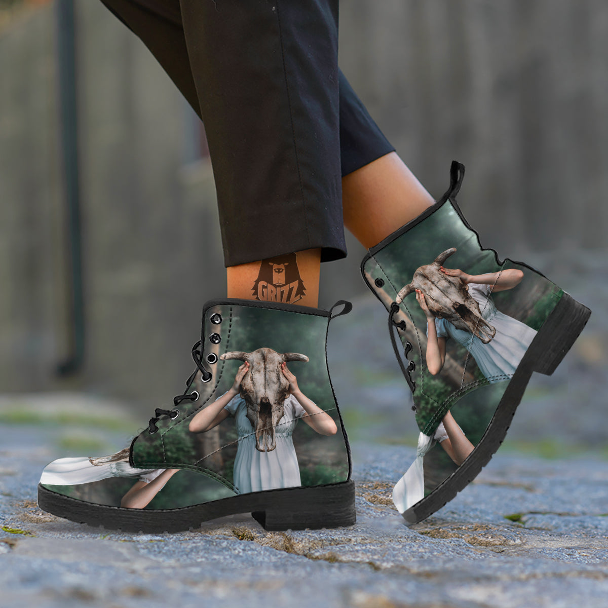 Girl With Animal Skull Print Leather Boots-grizzshop