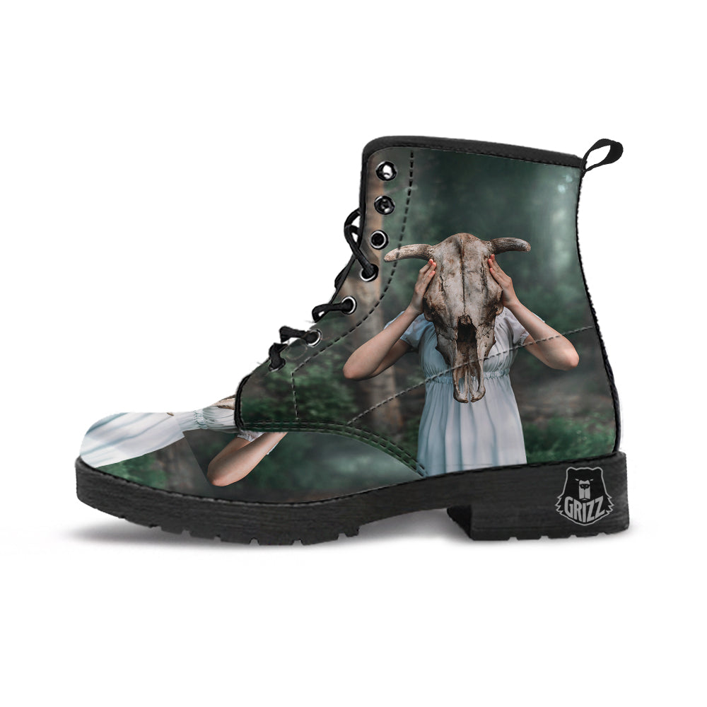 Girl With Animal Skull Print Leather Boots-grizzshop