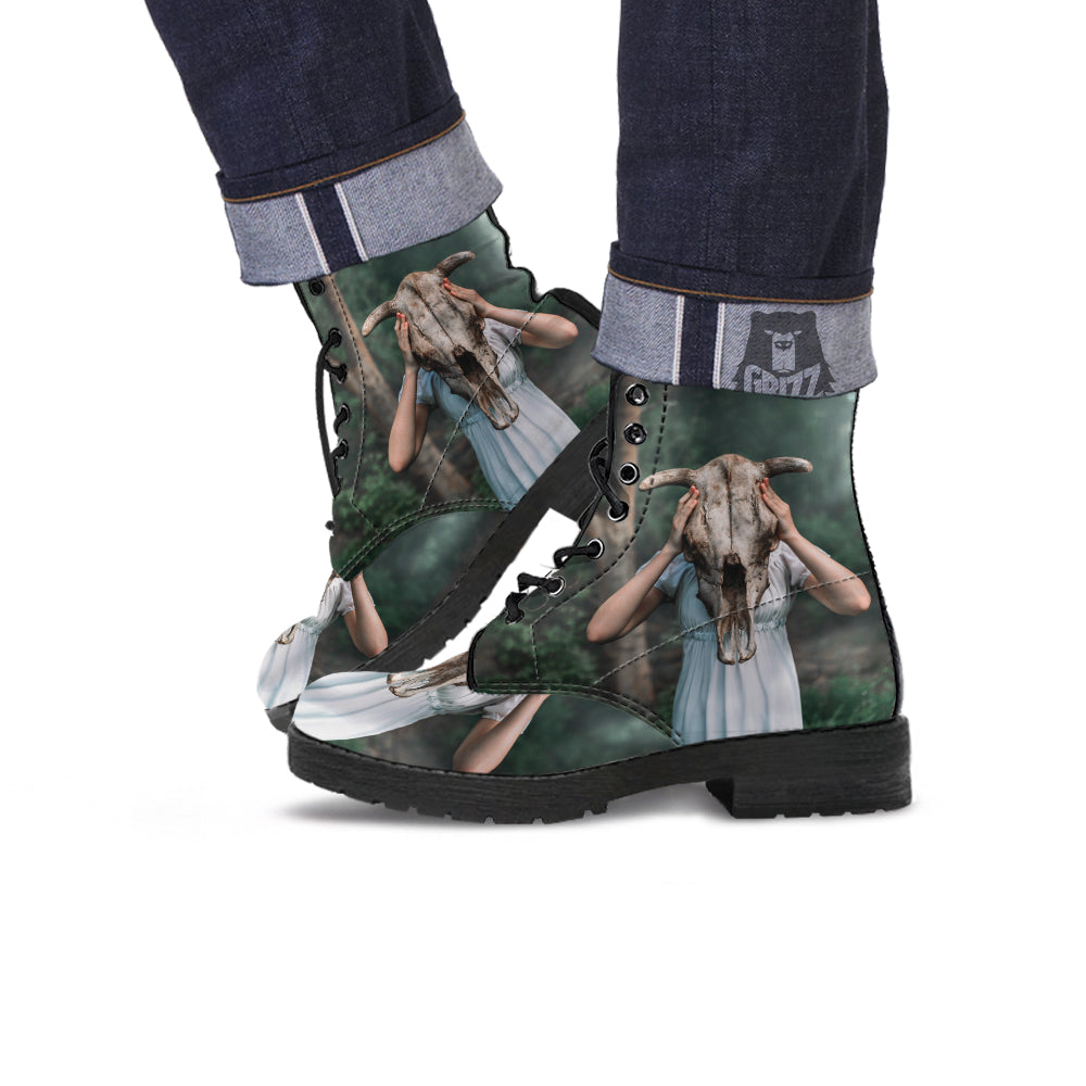 Girl With Animal Skull Print Leather Boots-grizzshop