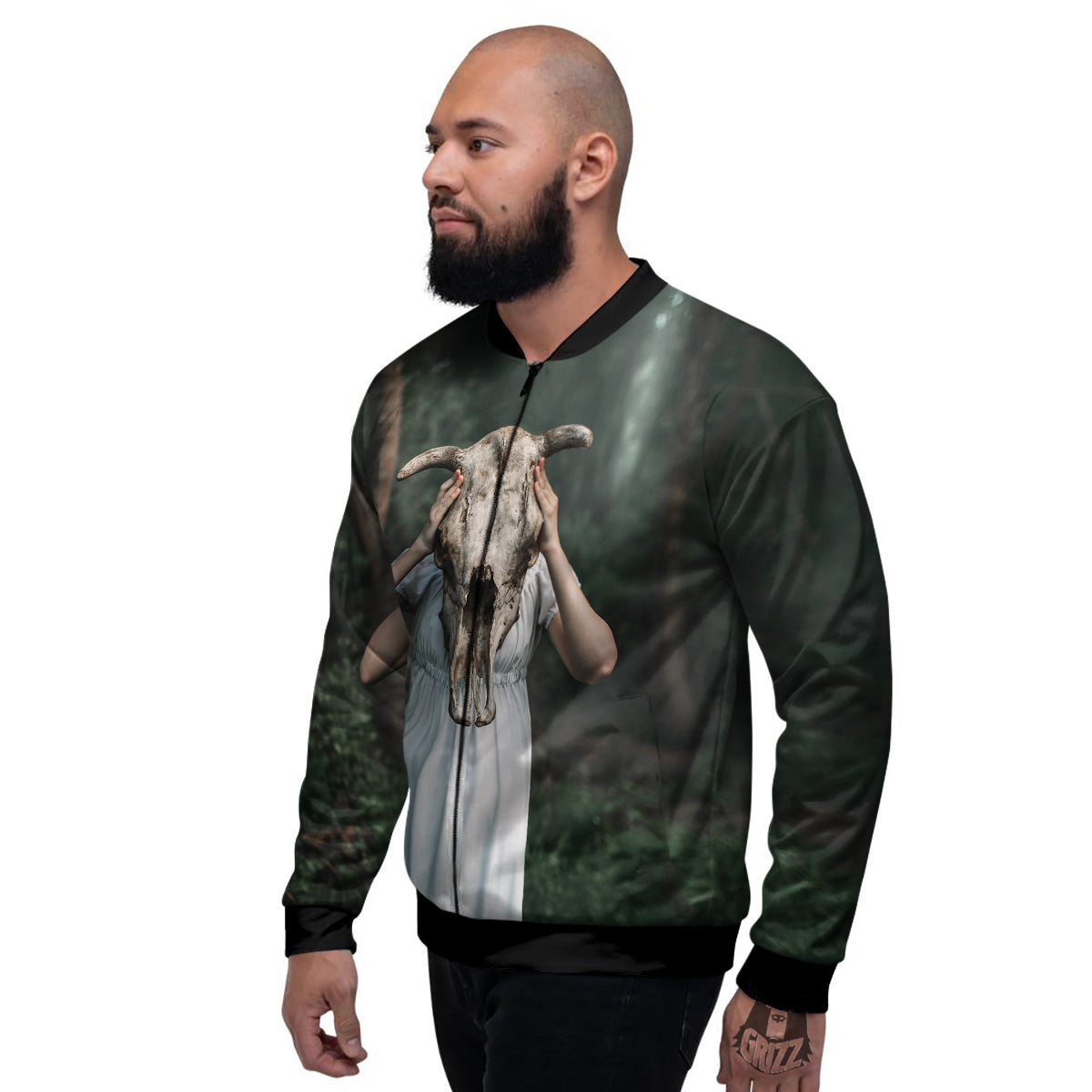 Girl With Animal Skull Print Men's Bomber Jacket-grizzshop
