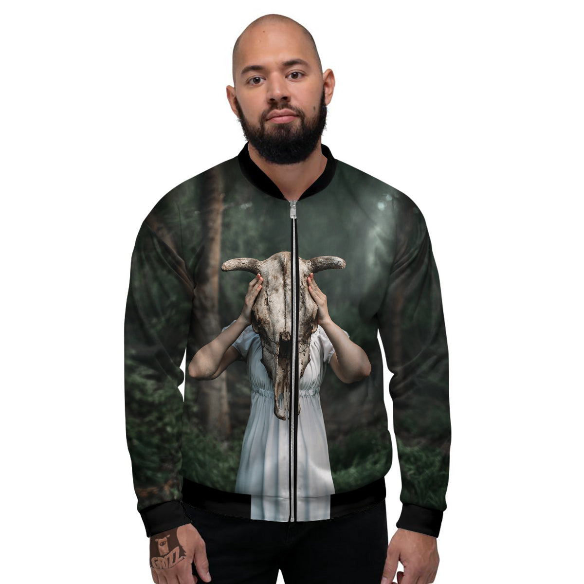 Girl With Animal Skull Print Men's Bomber Jacket-grizzshop