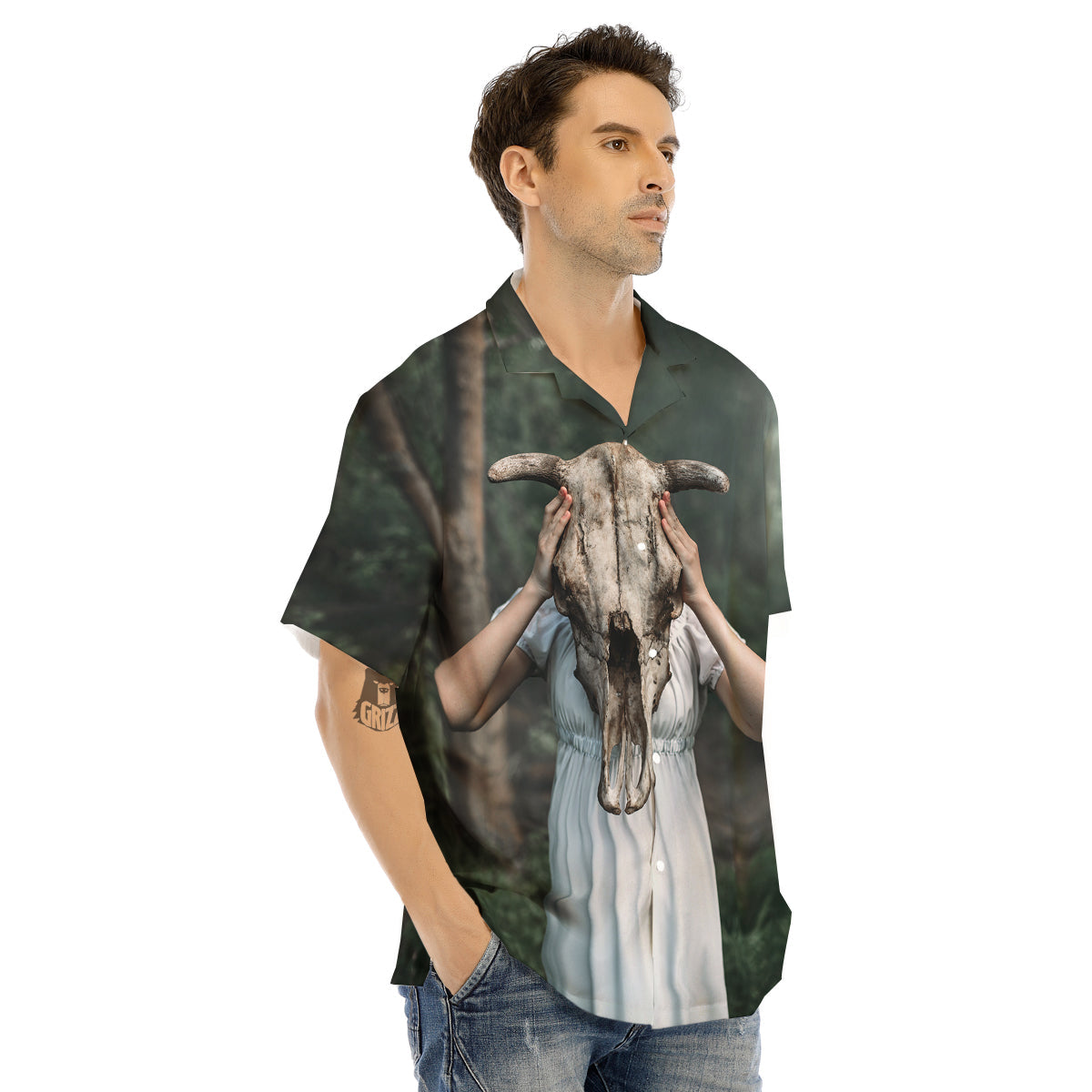 Girl With Animal Skull Print Men's Hawaiian Shirt-grizzshop