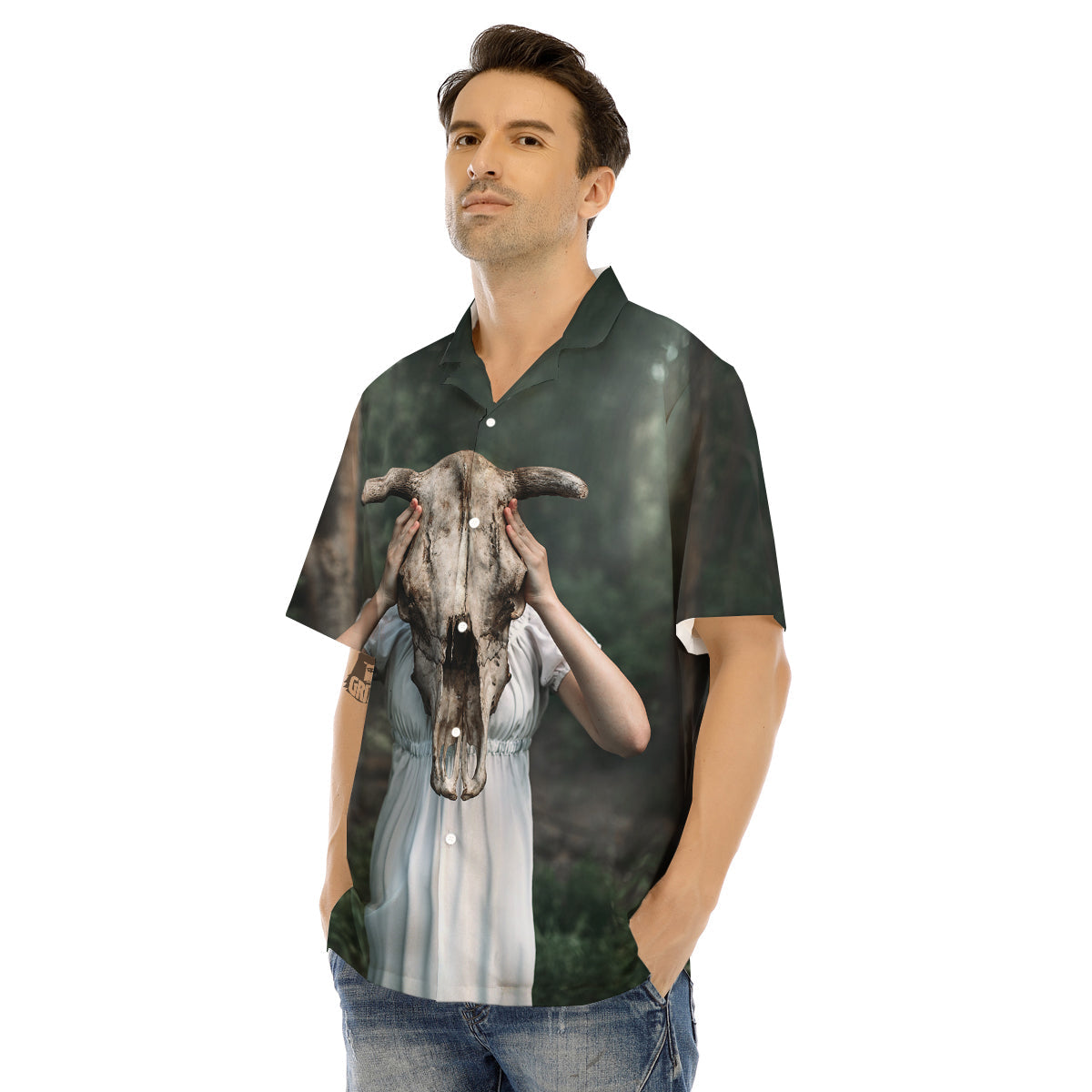 Girl With Animal Skull Print Men's Hawaiian Shirt-grizzshop