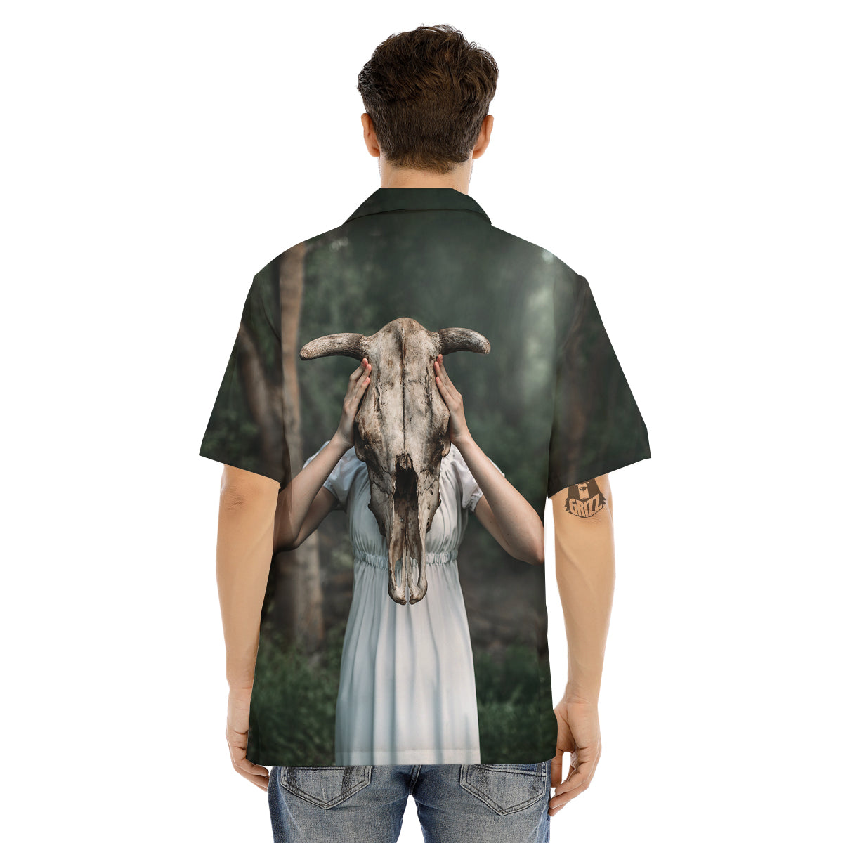 Girl With Animal Skull Print Men's Hawaiian Shirt-grizzshop
