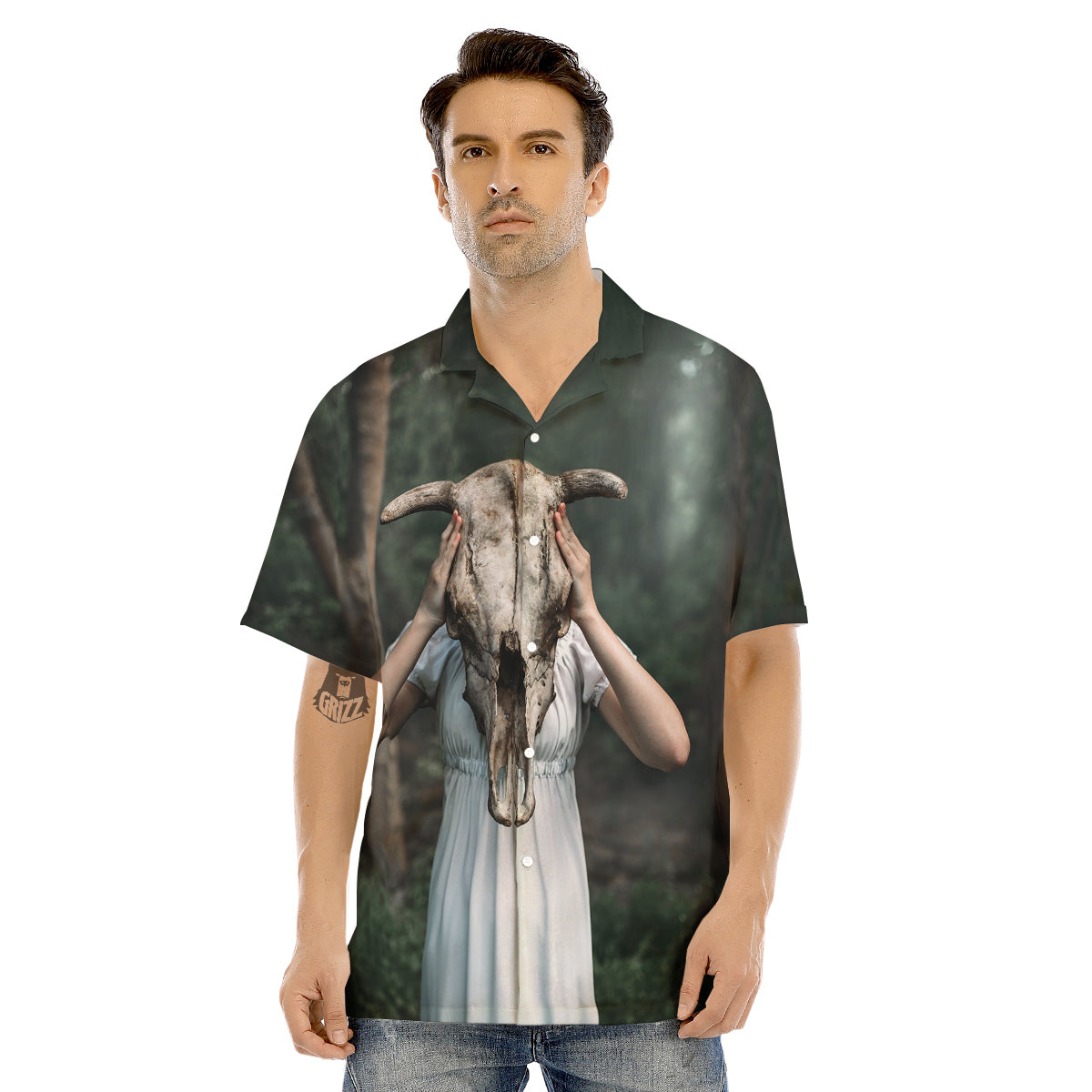 Girl With Animal Skull Print Men's Hawaiian Shirt-grizzshop
