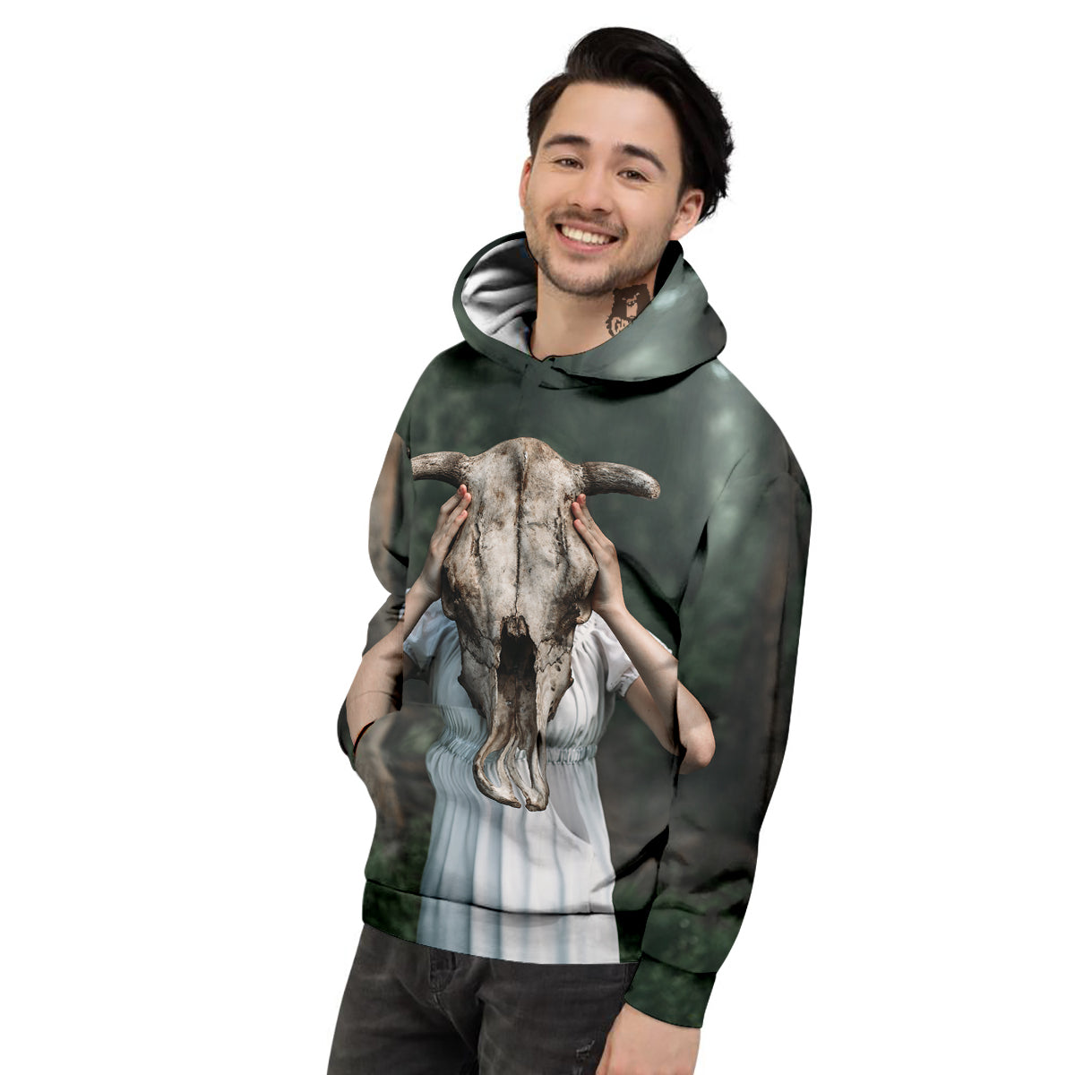 Girl With Animal Skull Print Men's Hoodie-grizzshop