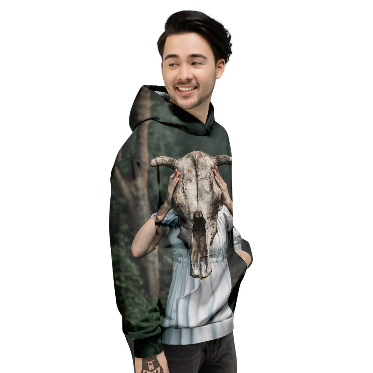 Girl With Animal Skull Print Men's Hoodie-grizzshop