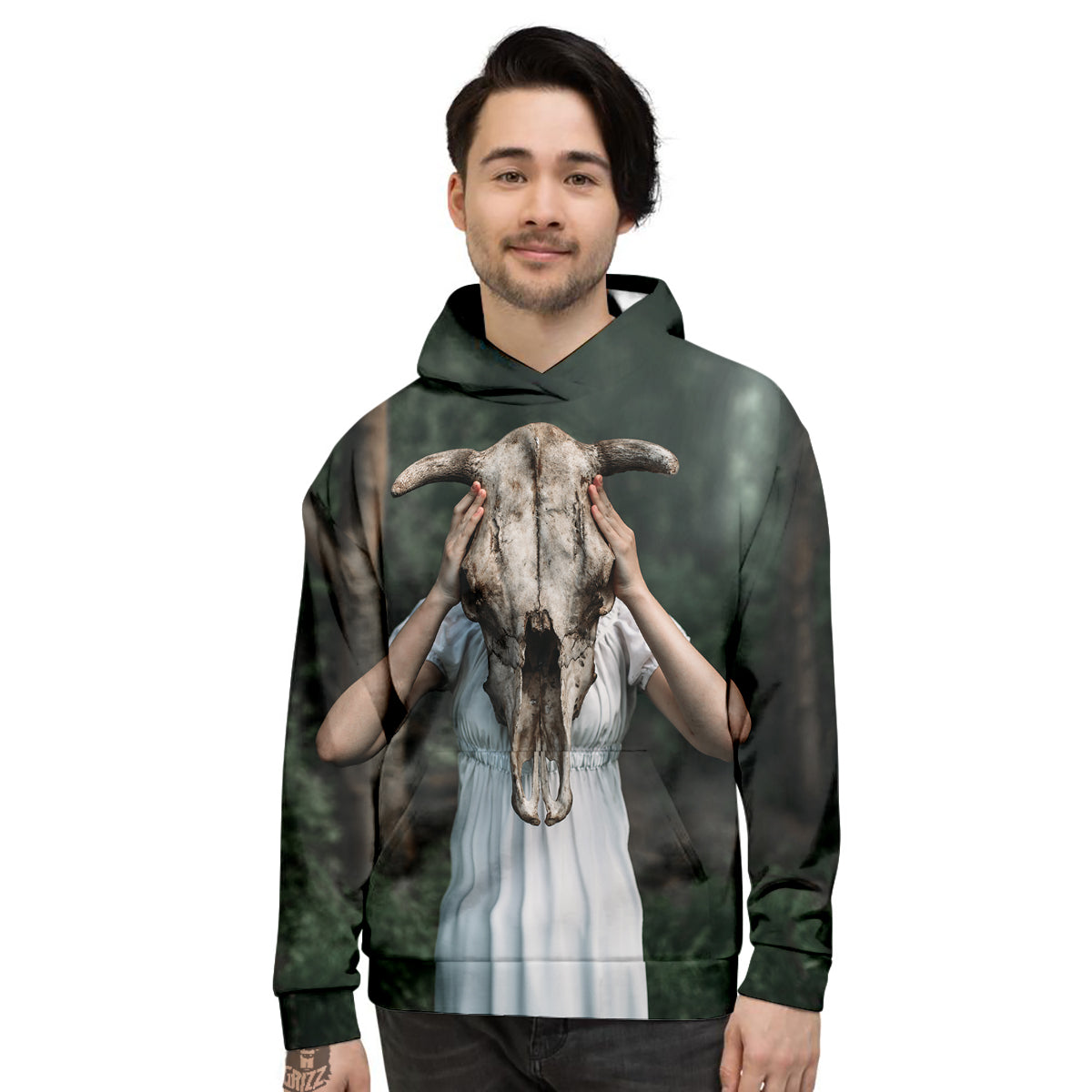 Girl With Animal Skull Print Men's Hoodie-grizzshop