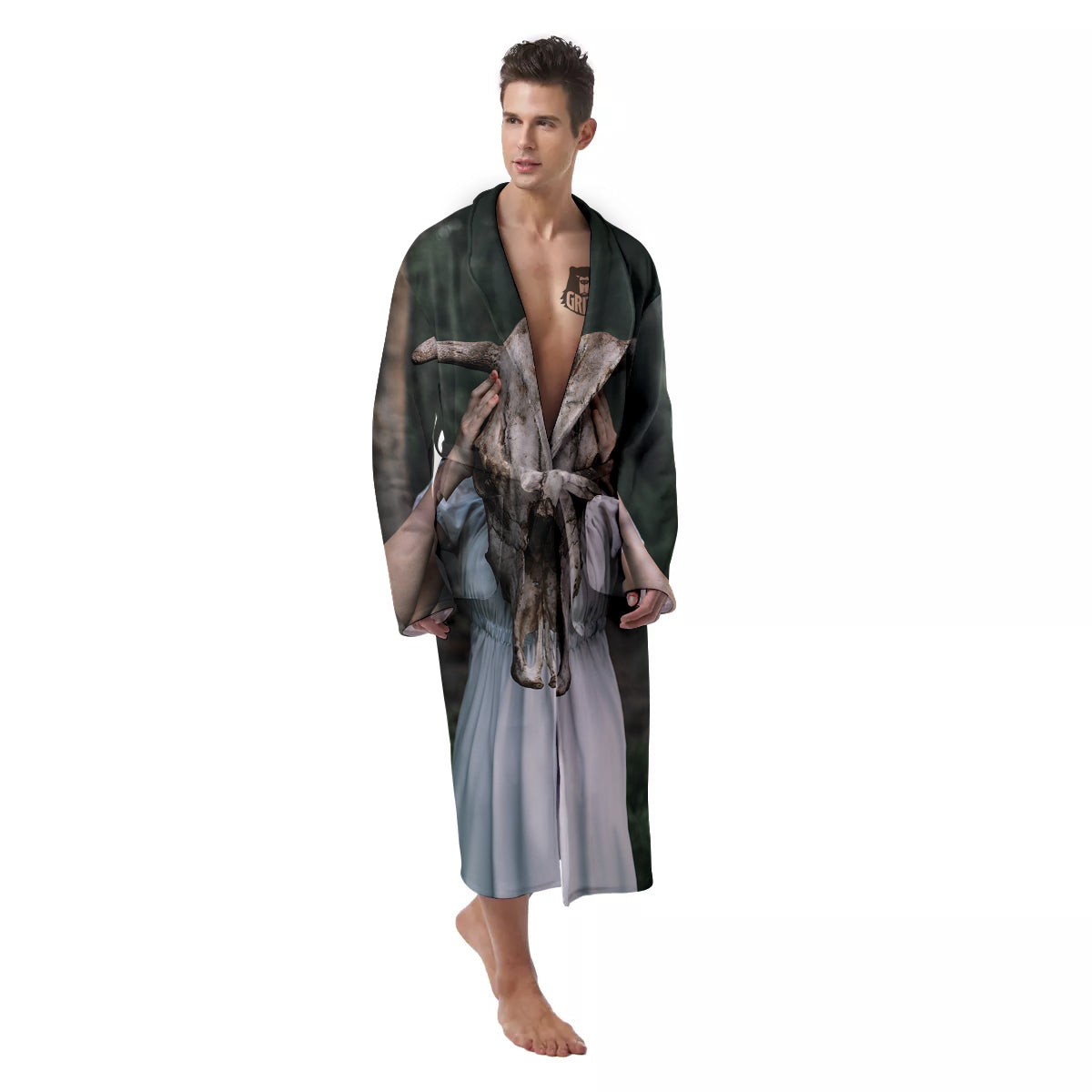 Girl With Animal Skull Print Men's Robe-grizzshop