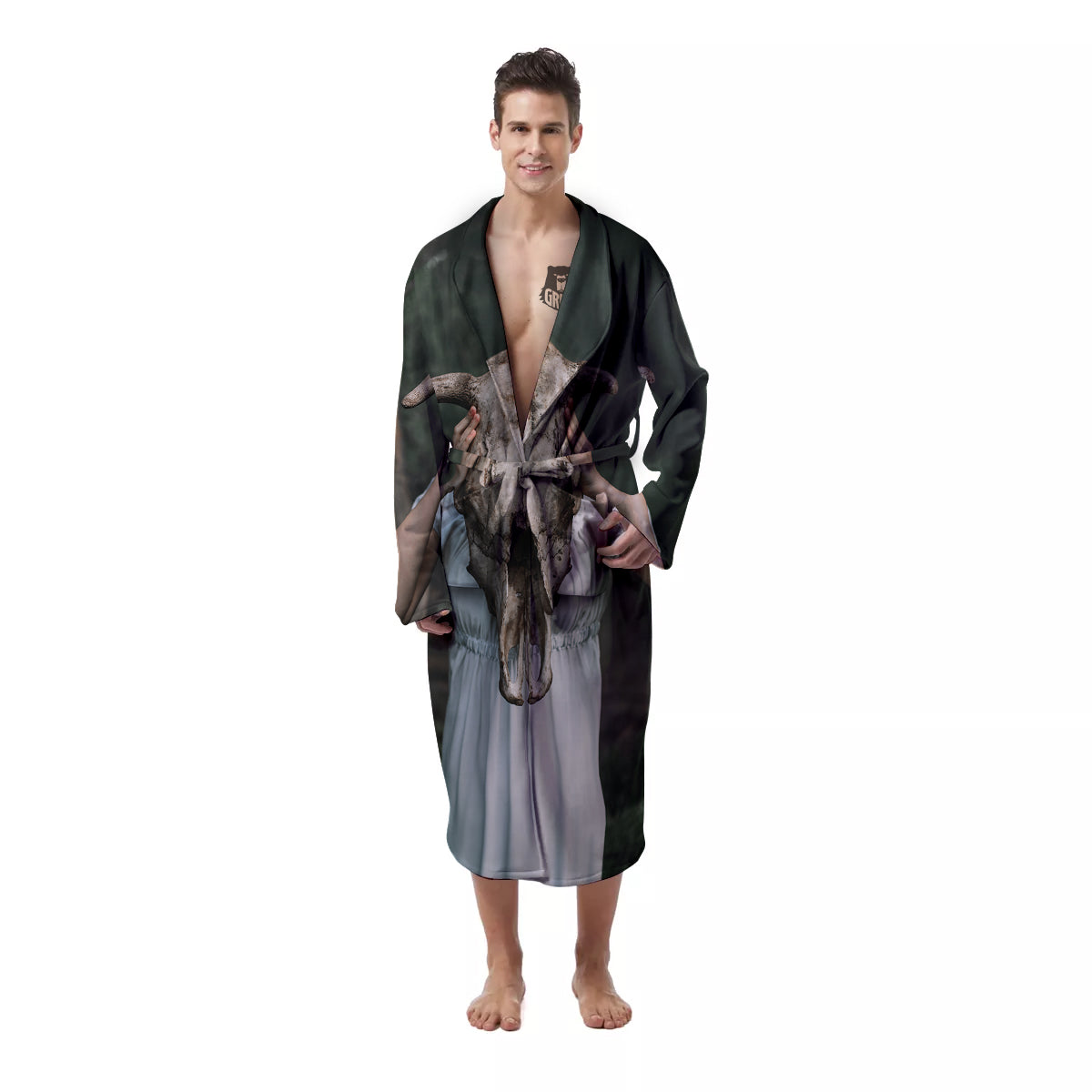 Girl With Animal Skull Print Men's Robe-grizzshop