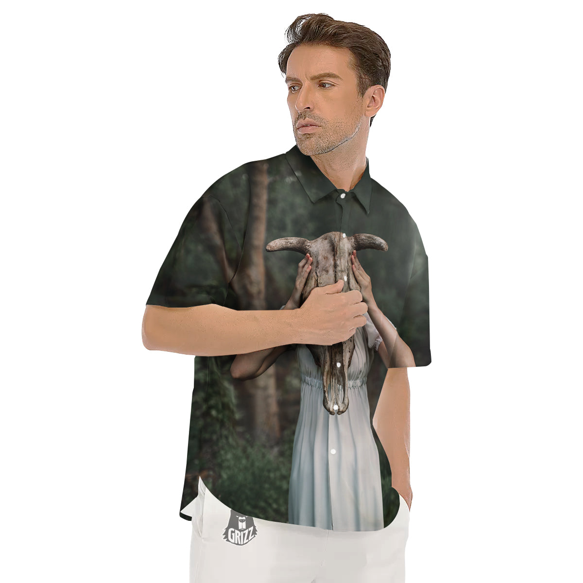 Girl With Animal Skull Print Men's Short Sleeve Shirts-grizzshop