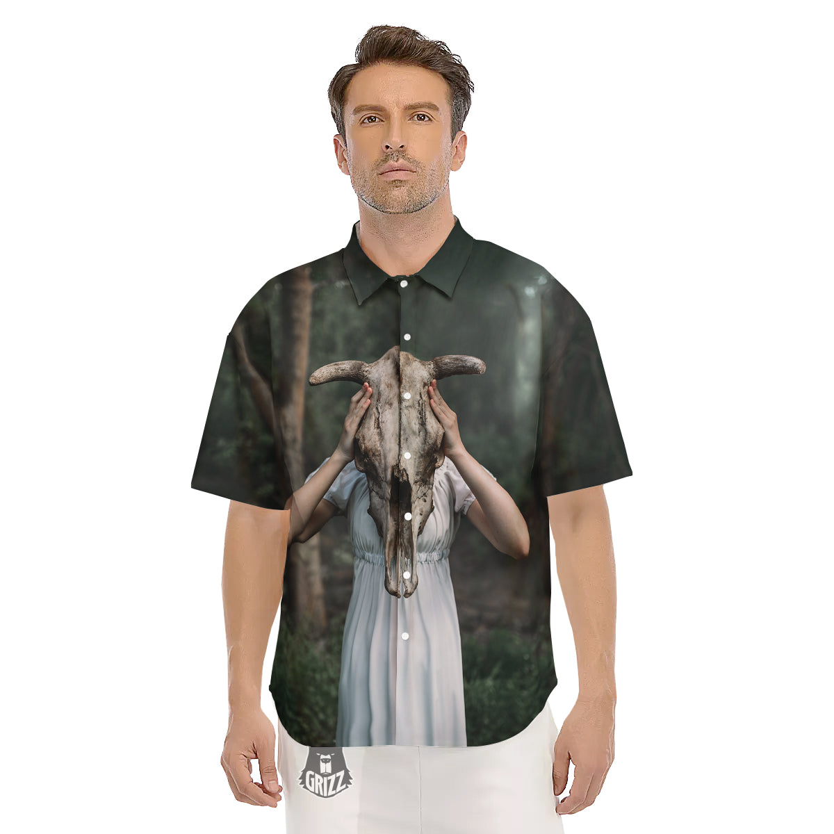 Girl With Animal Skull Print Men's Short Sleeve Shirts-grizzshop