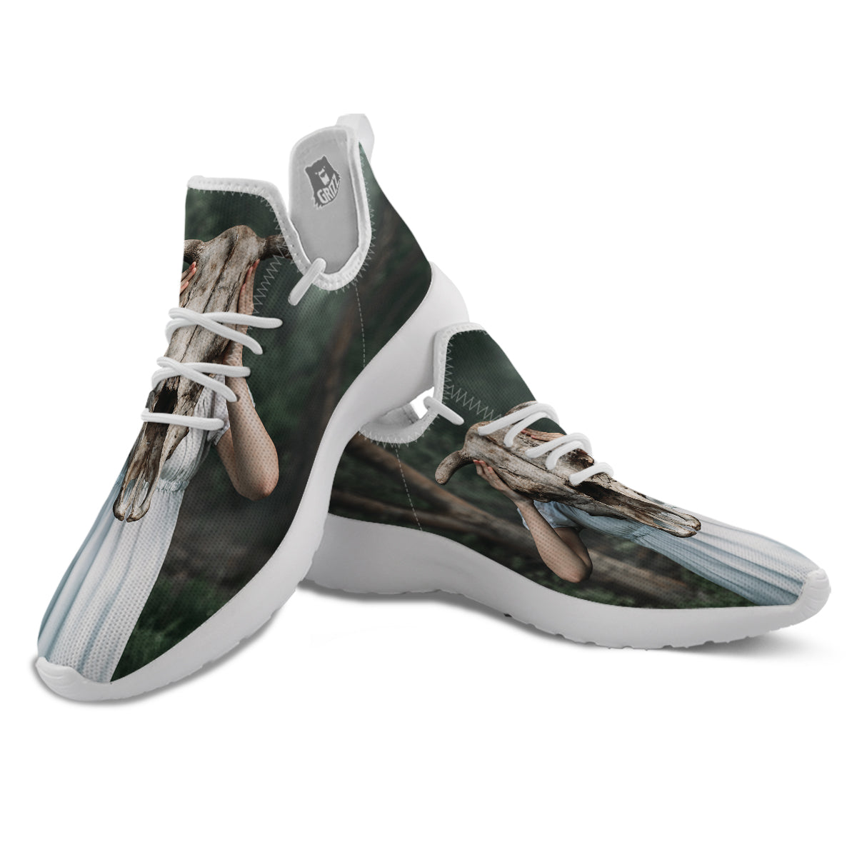 Girl With Animal Skull Print White Athletic Shoes-grizzshop
