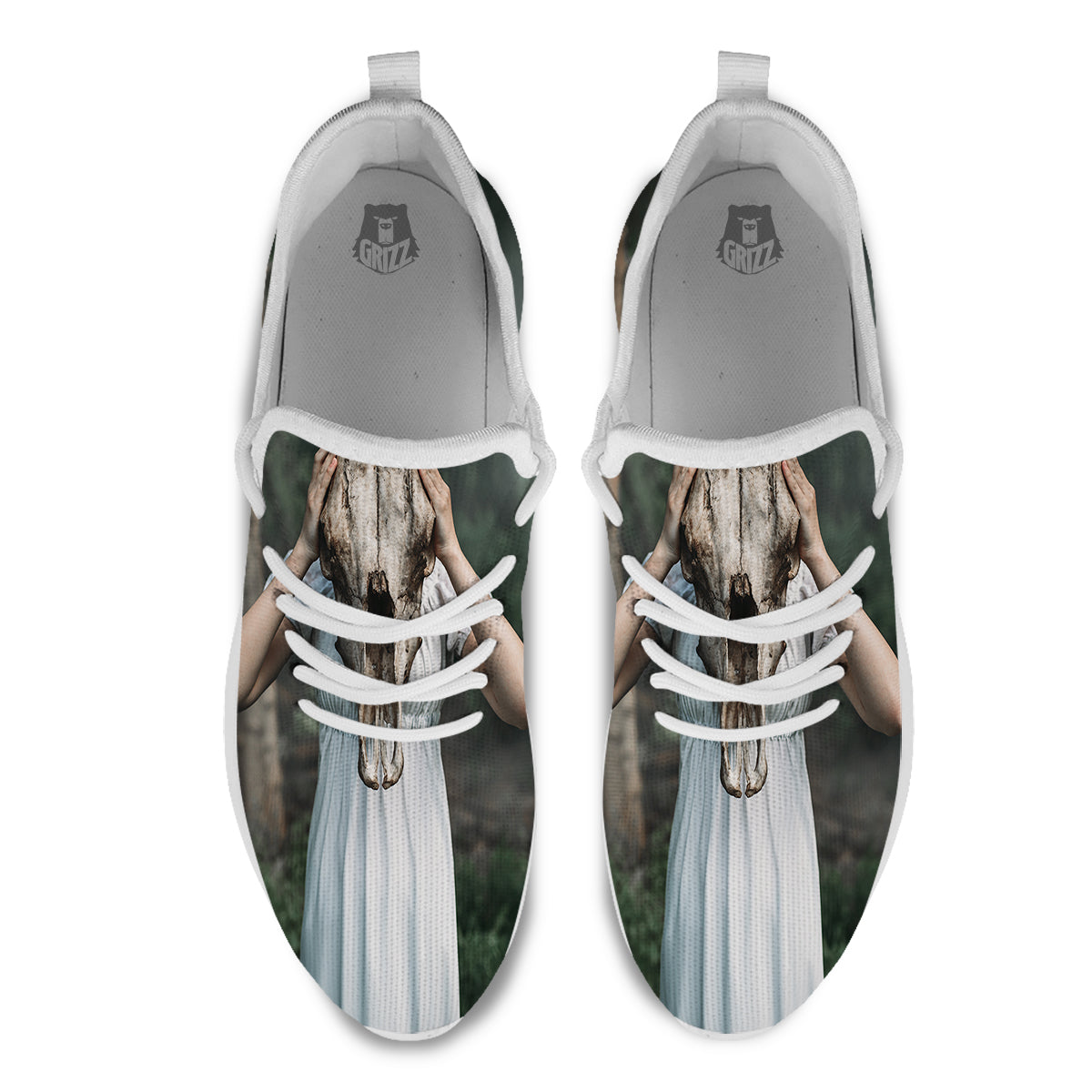 Girl With Animal Skull Print White Athletic Shoes-grizzshop