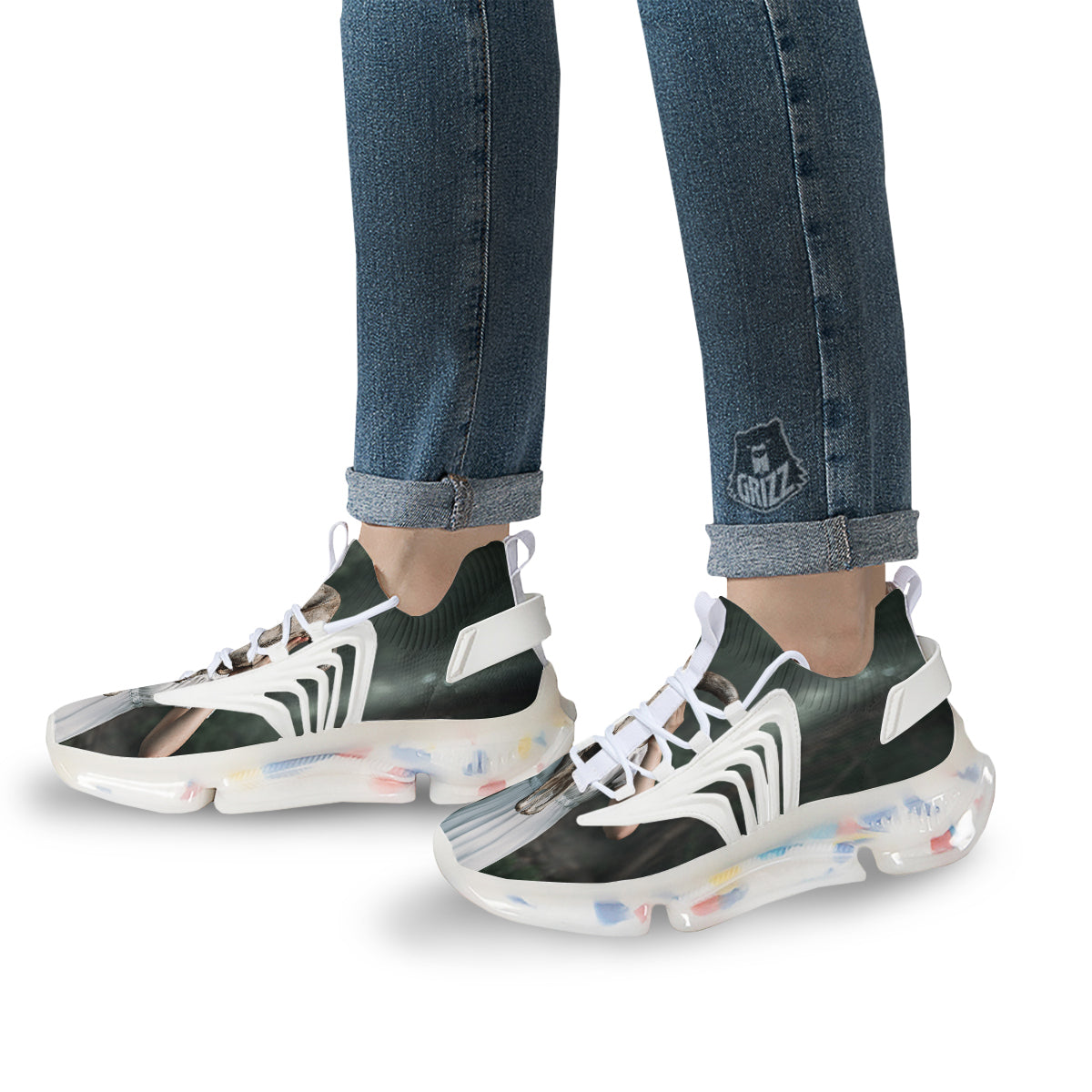Girl With Animal Skull Print White Gym Shoes-grizzshop