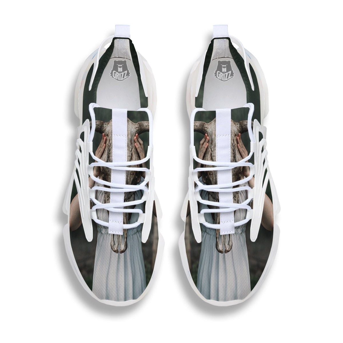 Girl With Animal Skull Print White Gym Shoes-grizzshop
