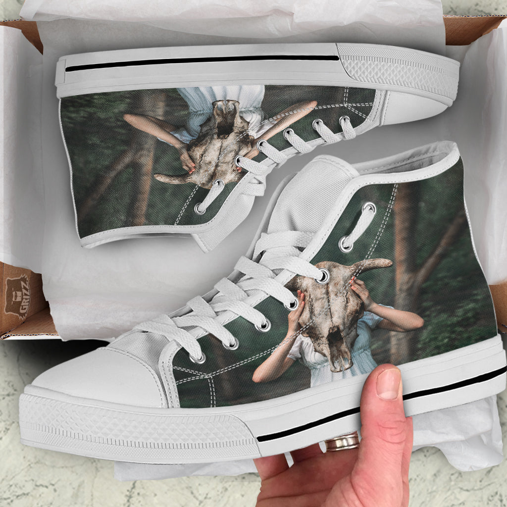 Girl With Animal Skull Print White High Top Shoes-grizzshop