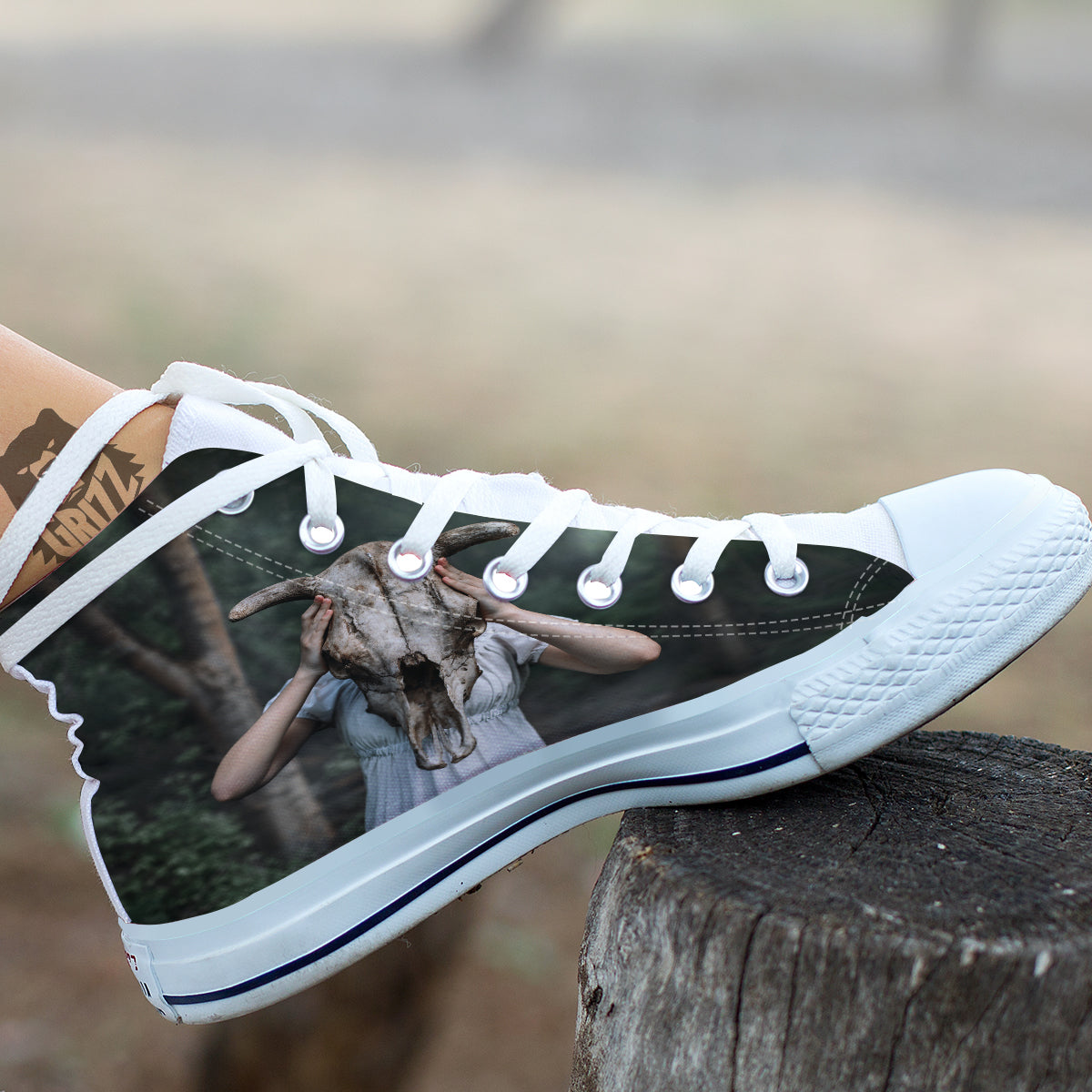Girl With Animal Skull Print White High Top Shoes-grizzshop