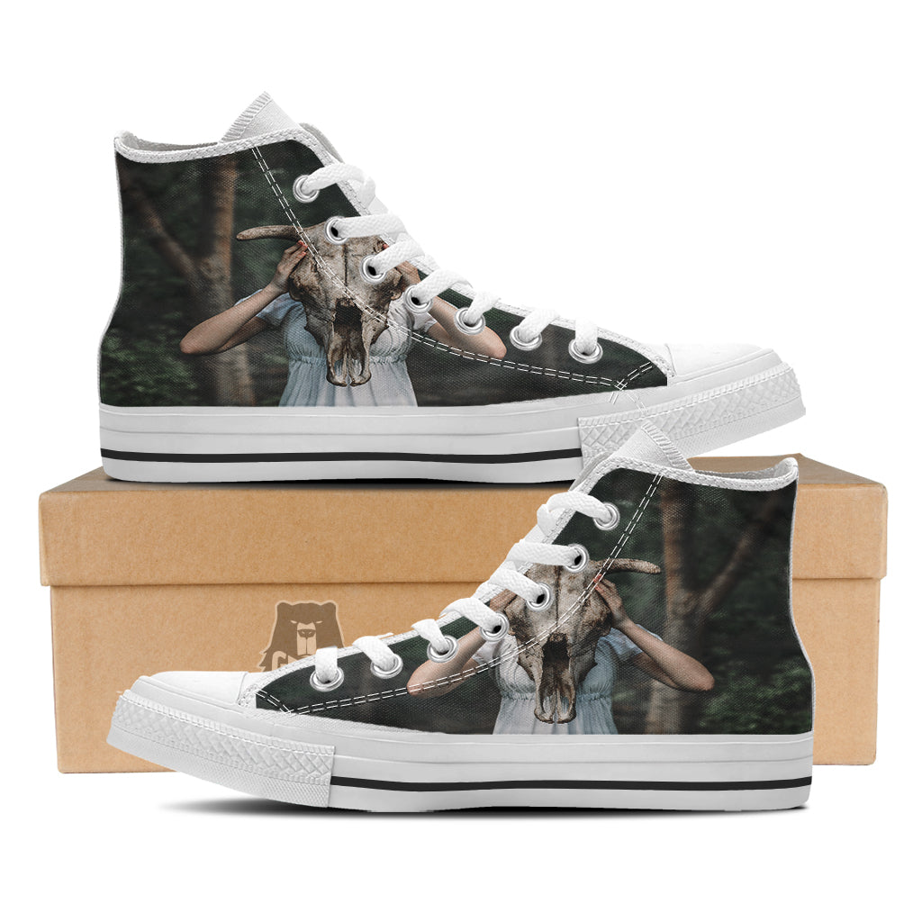 Girl With Animal Skull Print White High Top Shoes-grizzshop