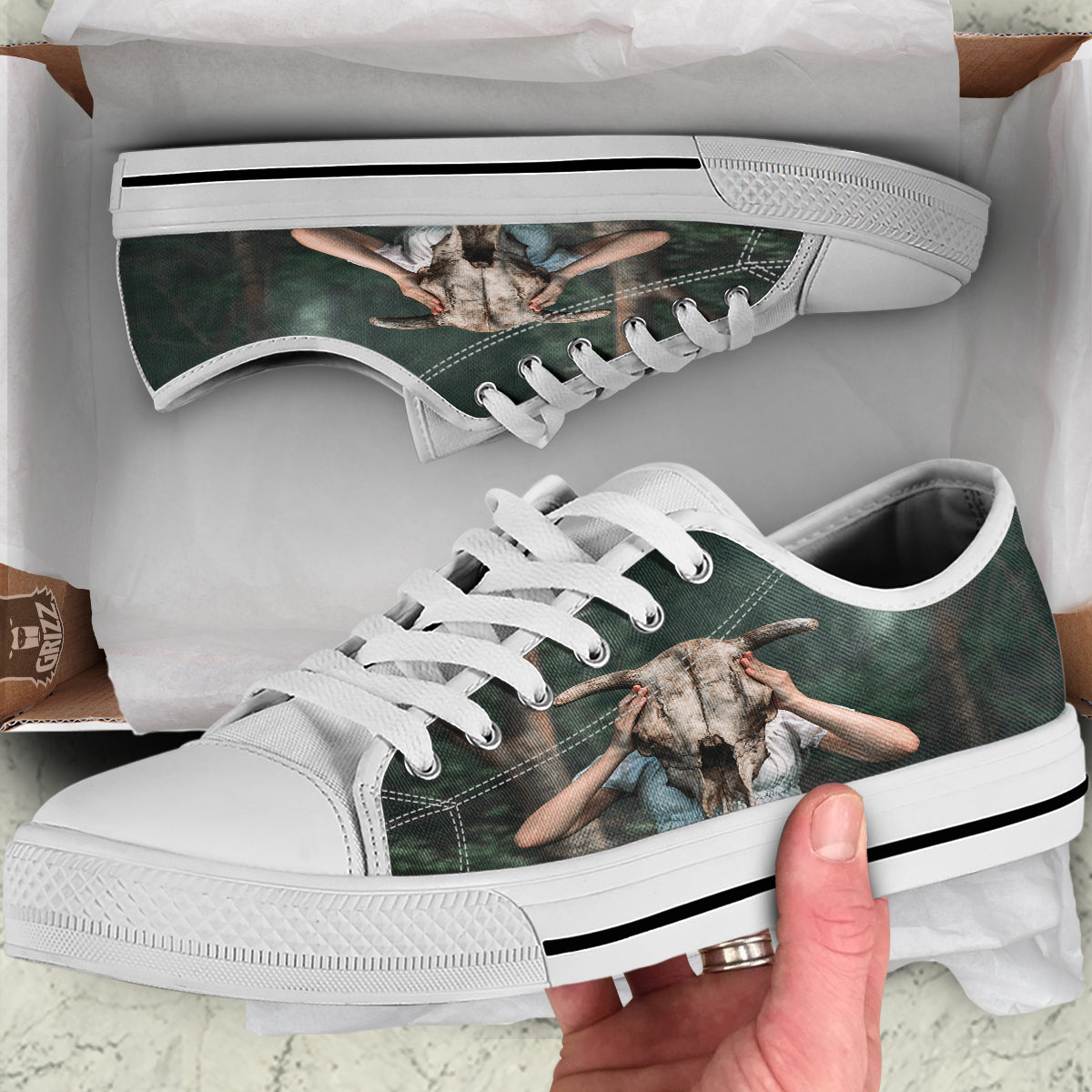 Girl With Animal Skull Print White Low Top Shoes-grizzshop
