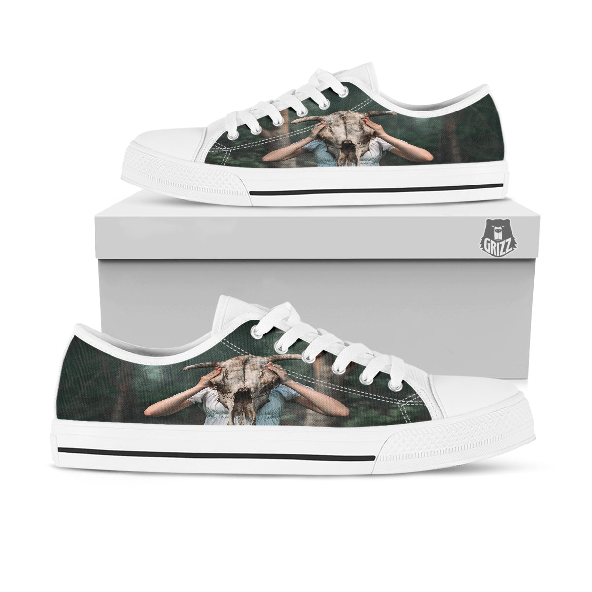 Girl With Animal Skull Print White Low Top Shoes-grizzshop