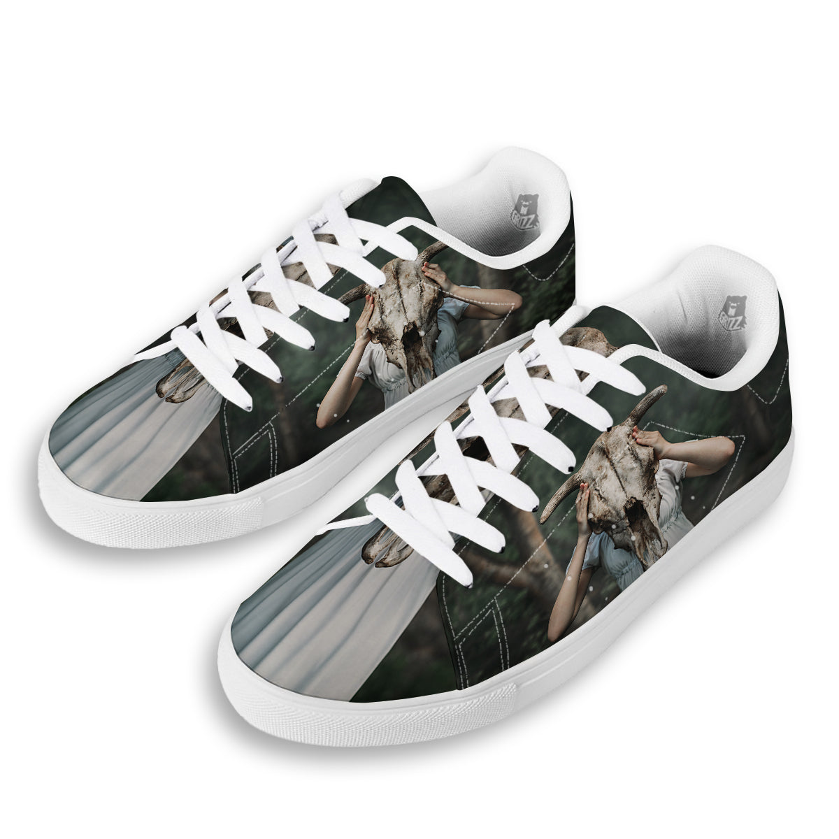Girl With Animal Skull Print White Low Top Sneakers-grizzshop