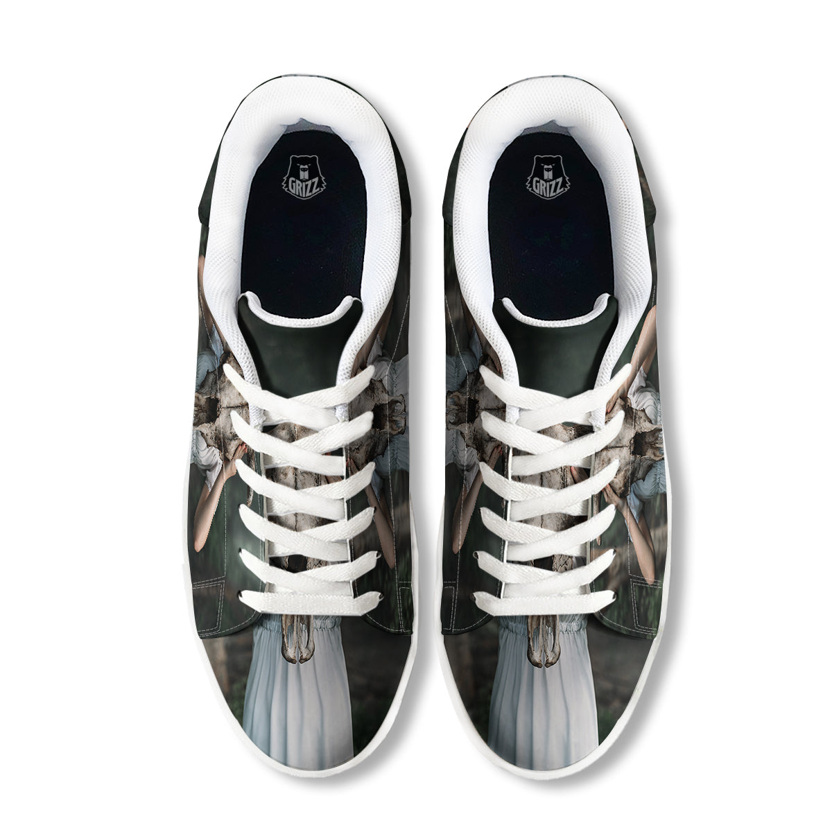 Girl With Animal Skull Print White Low Top Sneakers-grizzshop