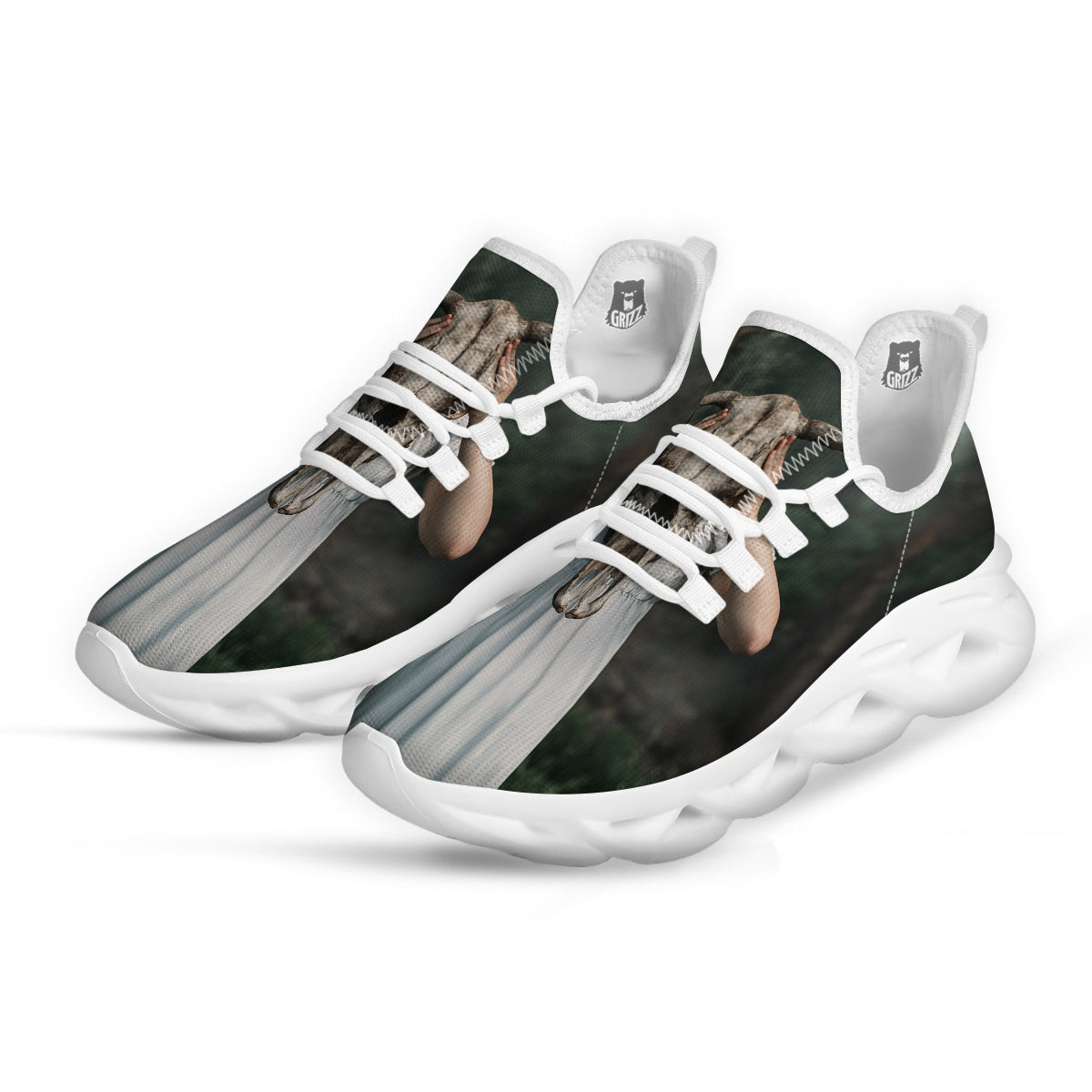 Girl With Animal Skull Print White Running Shoes-grizzshop