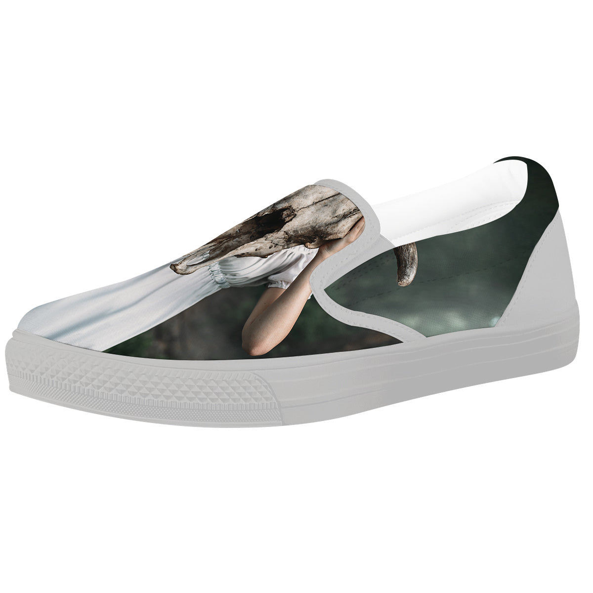 Girl With Animal Skull Print White Slip On Shoes-grizzshop