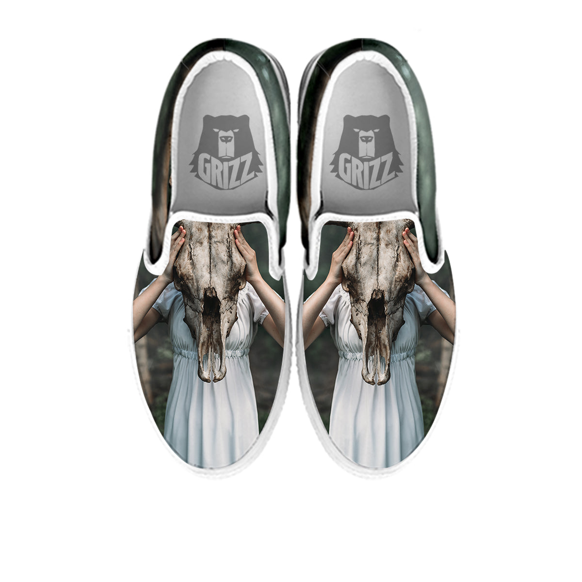Girl With Animal Skull Print White Slip On Shoes-grizzshop
