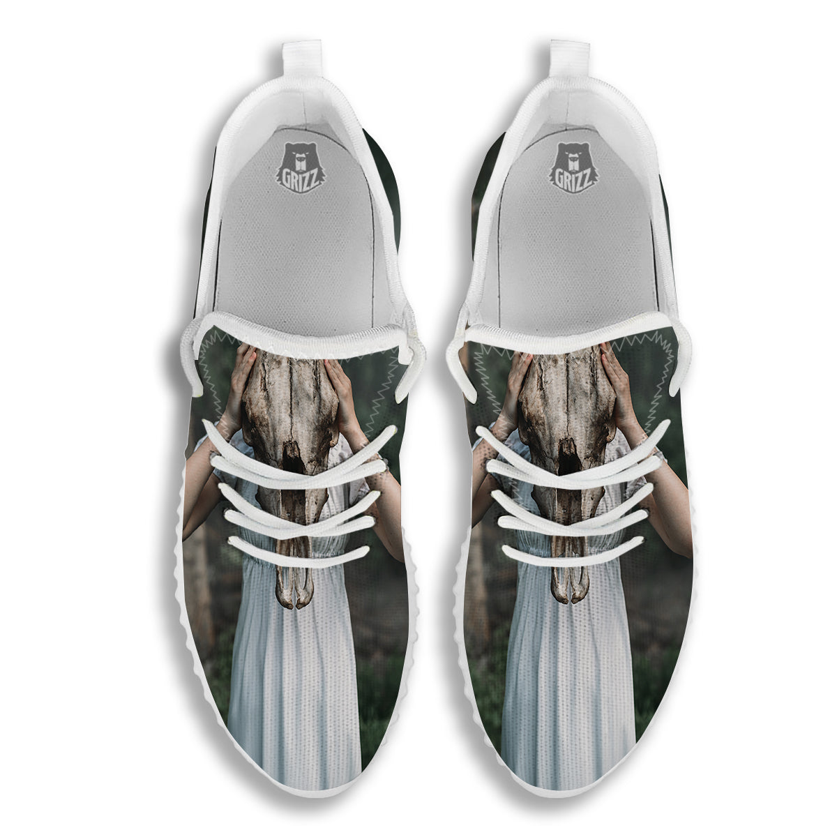 Girl With Animal Skull Print White Walking Shoes-grizzshop