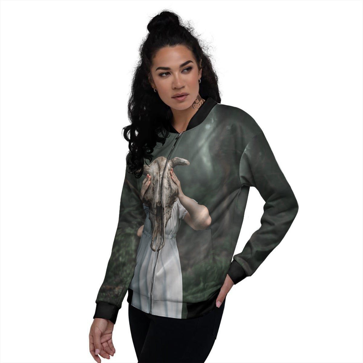 Girl With Animal Skull Print Women's Bomber Jacket-grizzshop