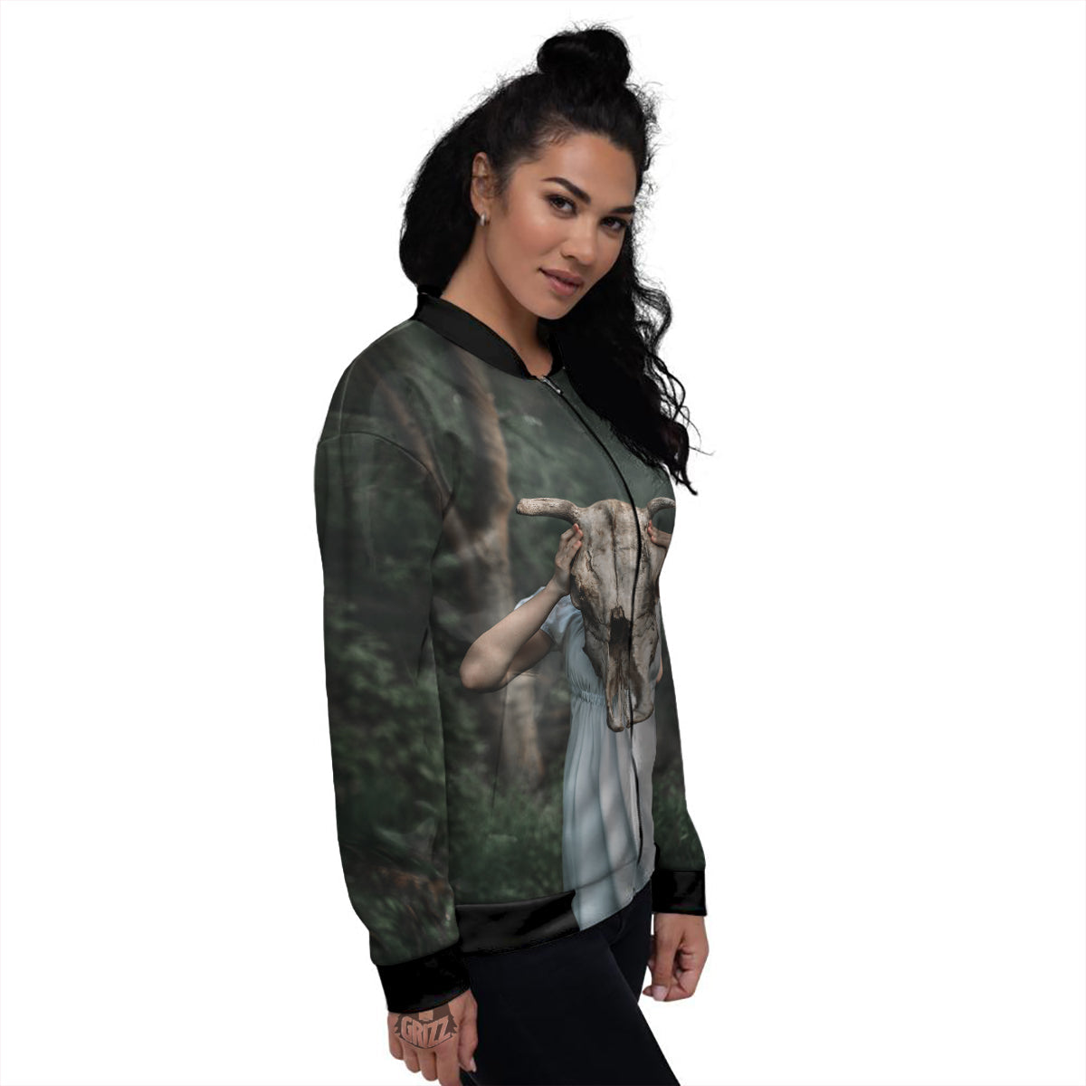 Girl With Animal Skull Print Women's Bomber Jacket-grizzshop