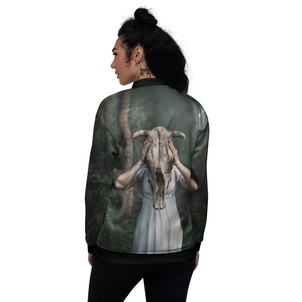 Girl With Animal Skull Print Women's Bomber Jacket-grizzshop